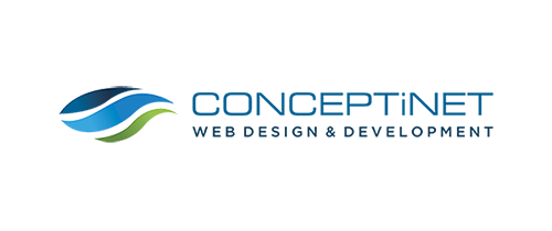 Logo for CONCEPTiNET Web Design & Development featuring stylized blue and green wave shapes on the left, with modern blue text on a white background.