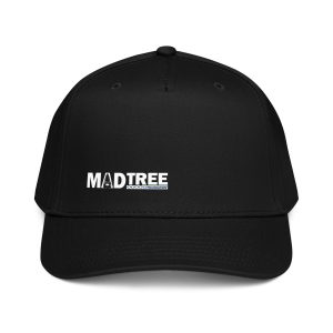 The Mad Tree 5 Panel Hat is a black cap with the white MADTREE logo, featuring a tree design in the "A." It has structured front panels and a curved brim.