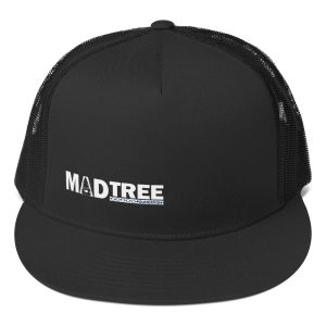 The Trucker Cap is a black snapback with a flat bill and mesh back. The front displays the white MADTREE logo, featuring a tree graphic forming the A in MADTREE.