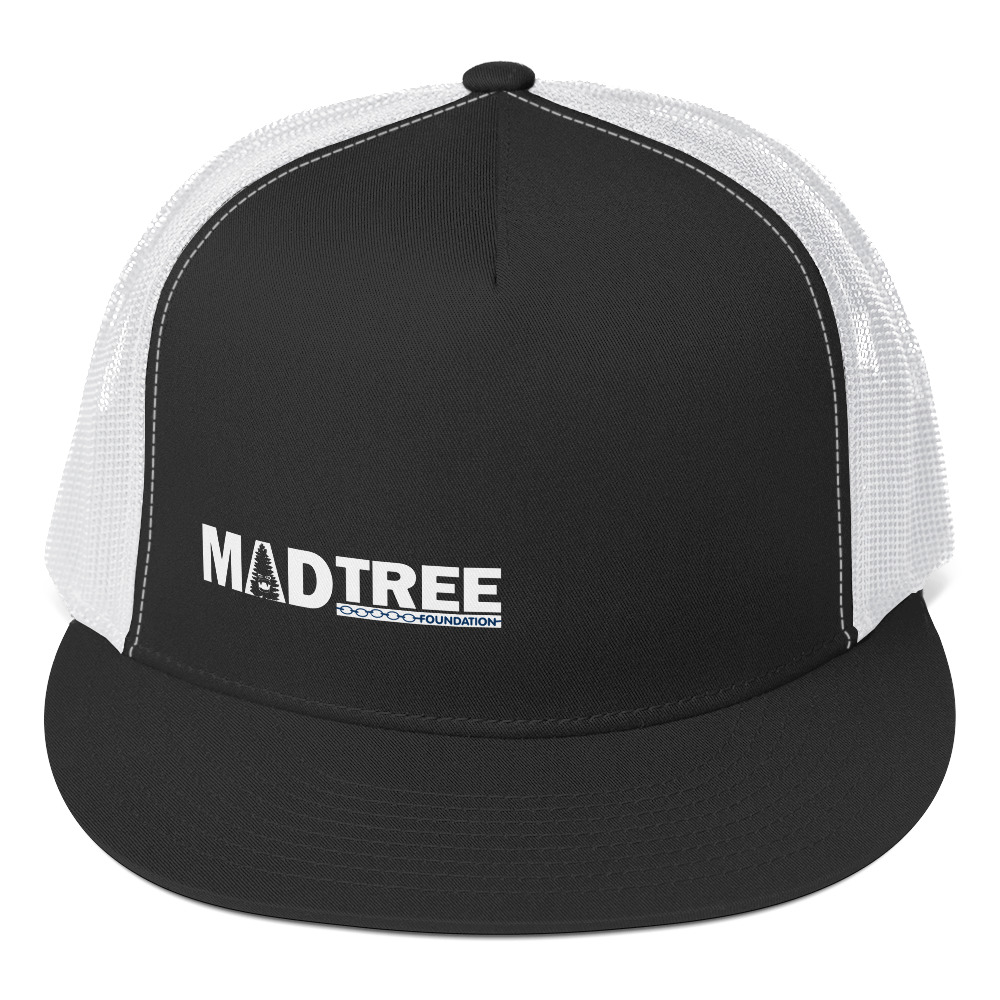The Trucker Cap has a black front with "MADTREE" in bold white letters and a small tree graphic, plus a flat brim. The sides and back feature breathable white mesh.