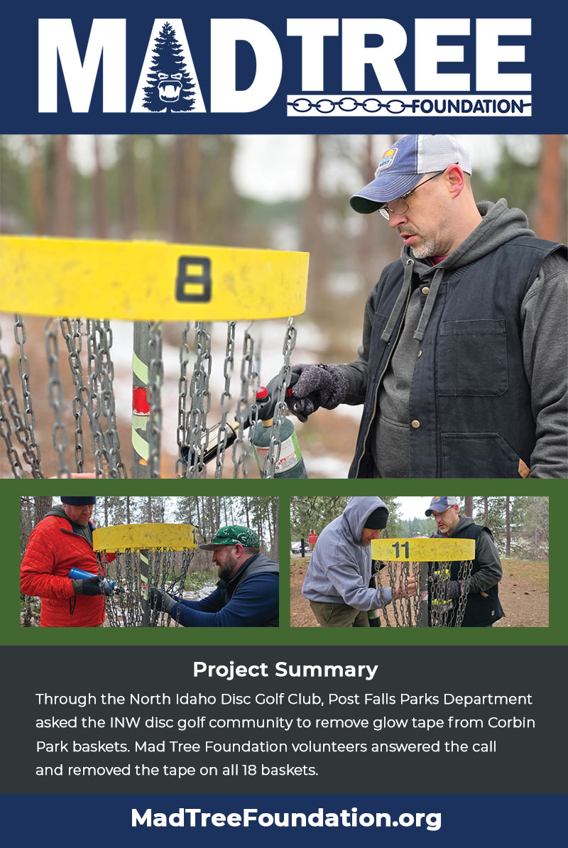 A Mad Tree Foundation flyer shows volunteers removing glow tape from yellow disc golf baskets at a park. The flyer highlights their project and features the foundation’s logo and website at the top and bottom.