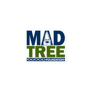 Bubble-free sticker featuring the MadTree Foundation logo with "MAD" in blue, "TREE" in green, a tree inside the "A," "FOUNDATION" on a blue rectangle below, and a chain graphic underneath.