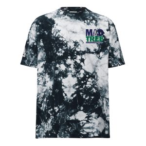 The Oversized tie-dye t-shirt features a black and white pattern with "MAD TREE" in bold purple and green text on the upper left chest. It has short sleeves and a relaxed, comfortable fit.