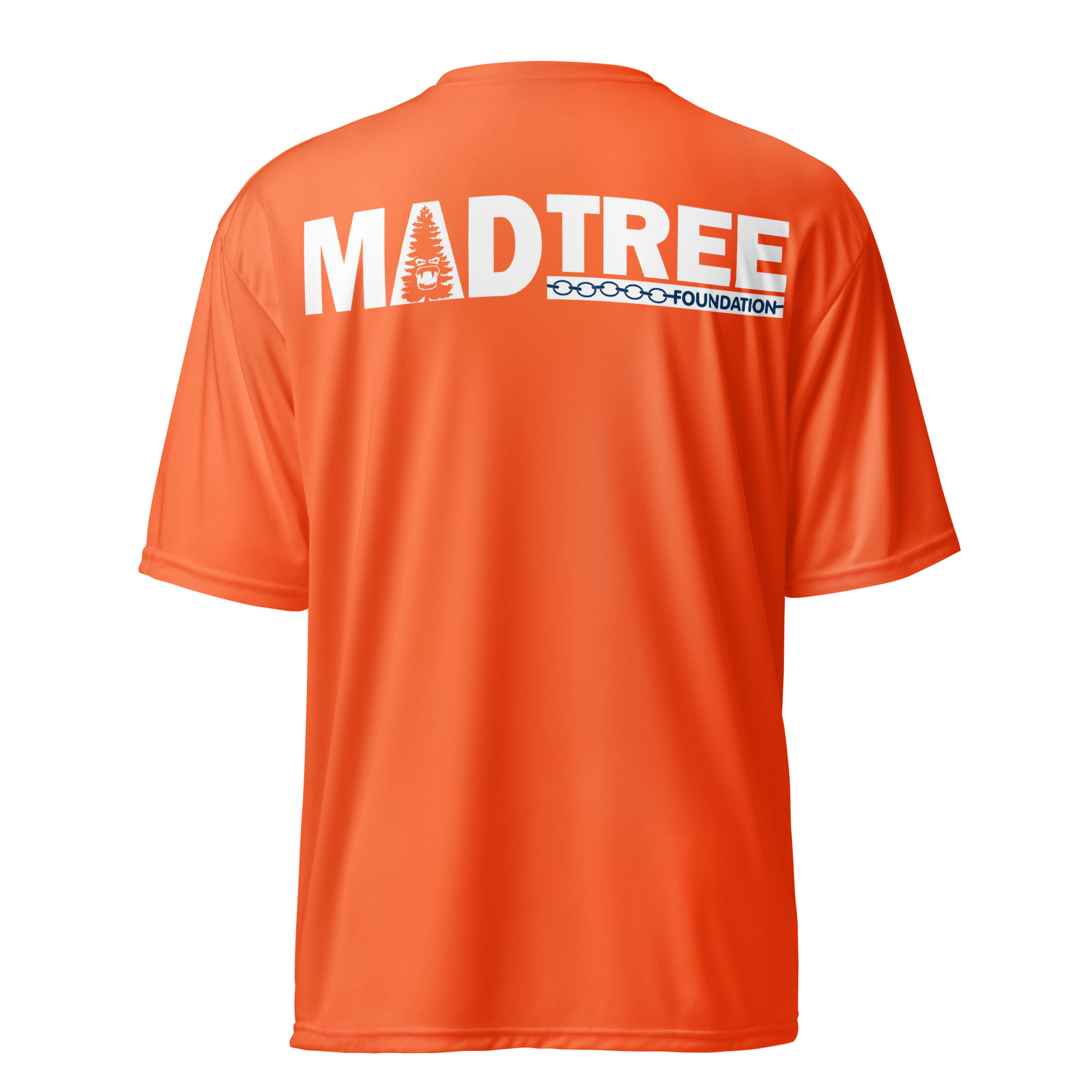 The Unisex performance crew neck t-shirt is shown from the back in orange, with large white MADTREE text featuring a tree inside the "A", and FOUNDATION in blue text below.