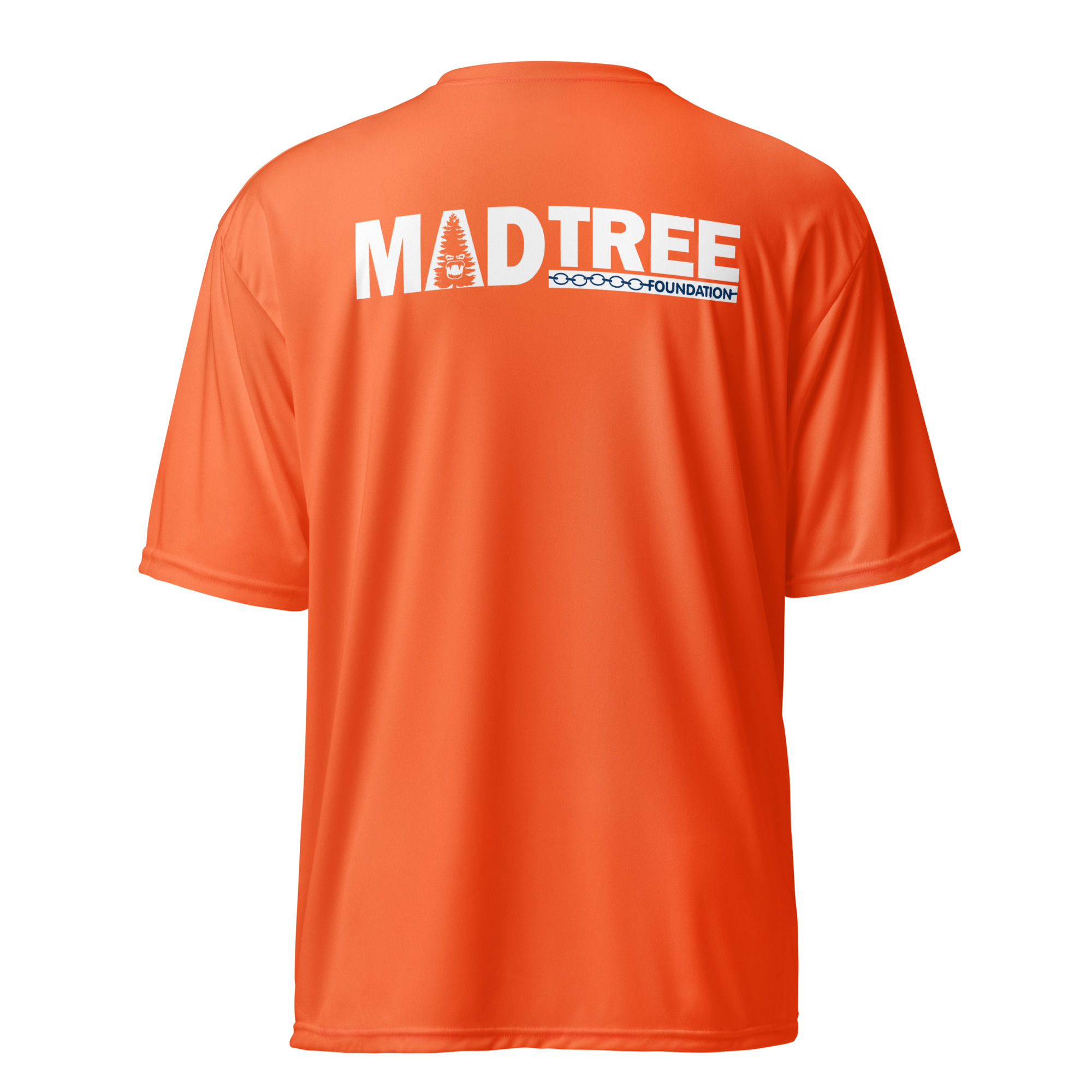 The Unisex performance crew neck t-shirt in bright orange features "MADTREE" with a tree graphic in the "A" and "FOUNDATION" below, both printed in white on the upper back. View shown is from the back.