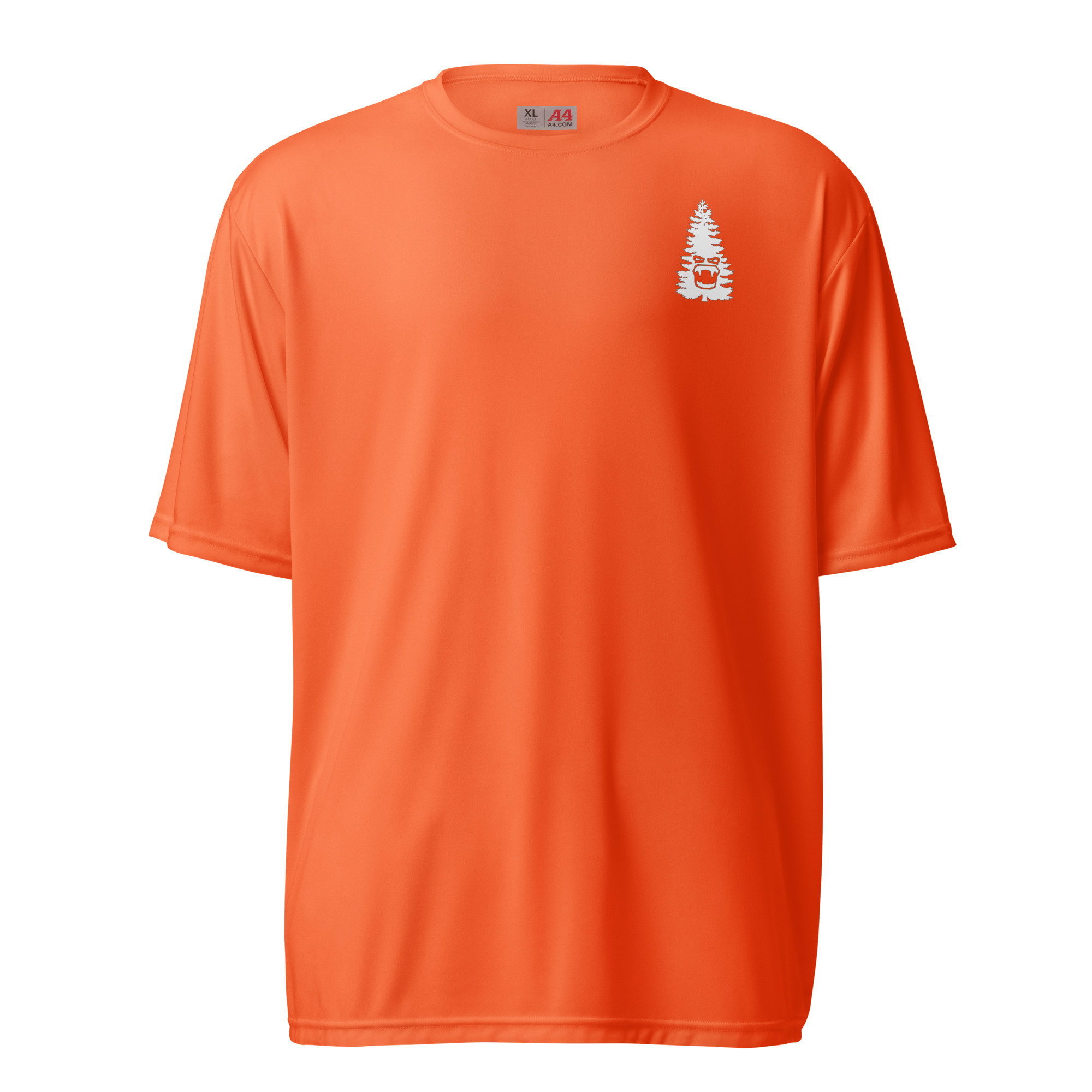 The Unisex performance crew neck t-shirt is bright orange with short sleeves, a relaxed fit, and features a small white pine tree and bear graphic on the left chest.