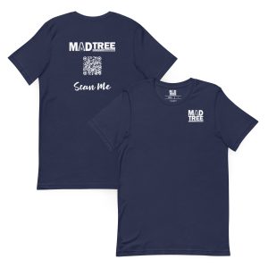 The Unisex t-shirt - Scan Me QR is navy blue with a “MADTREE” logo on the front left chest and a large “MADTREE” logo, QR code, and “Scan Me” in white on the back.