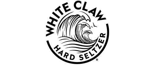White Claw Hard Seltzer logo featuring bold text surrounding an illustration of a large wave inside a circular border.