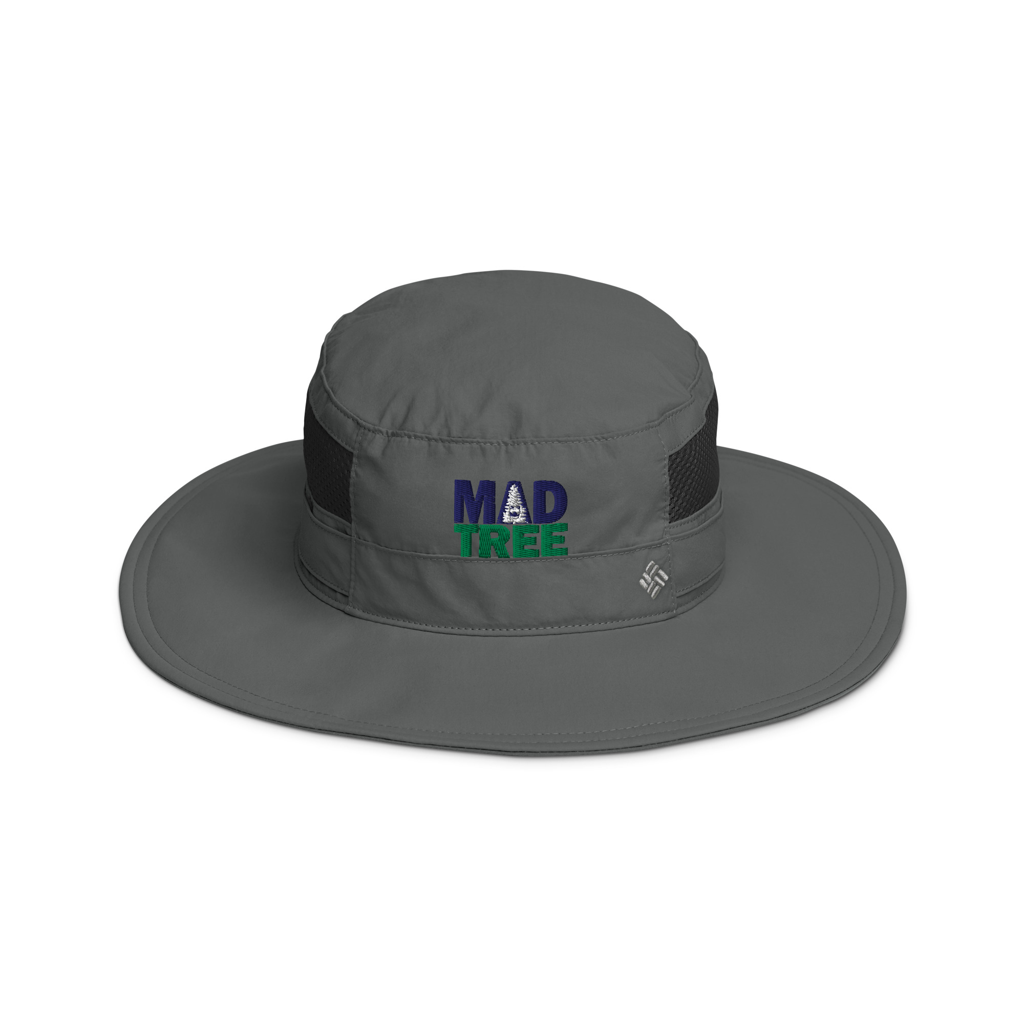 The Columbia Booney Hat - Mad Tree is a gray wide-brimmed hat featuring mesh ventilation panels and "MAD TREE" embroidered on the front in blue and green letters.