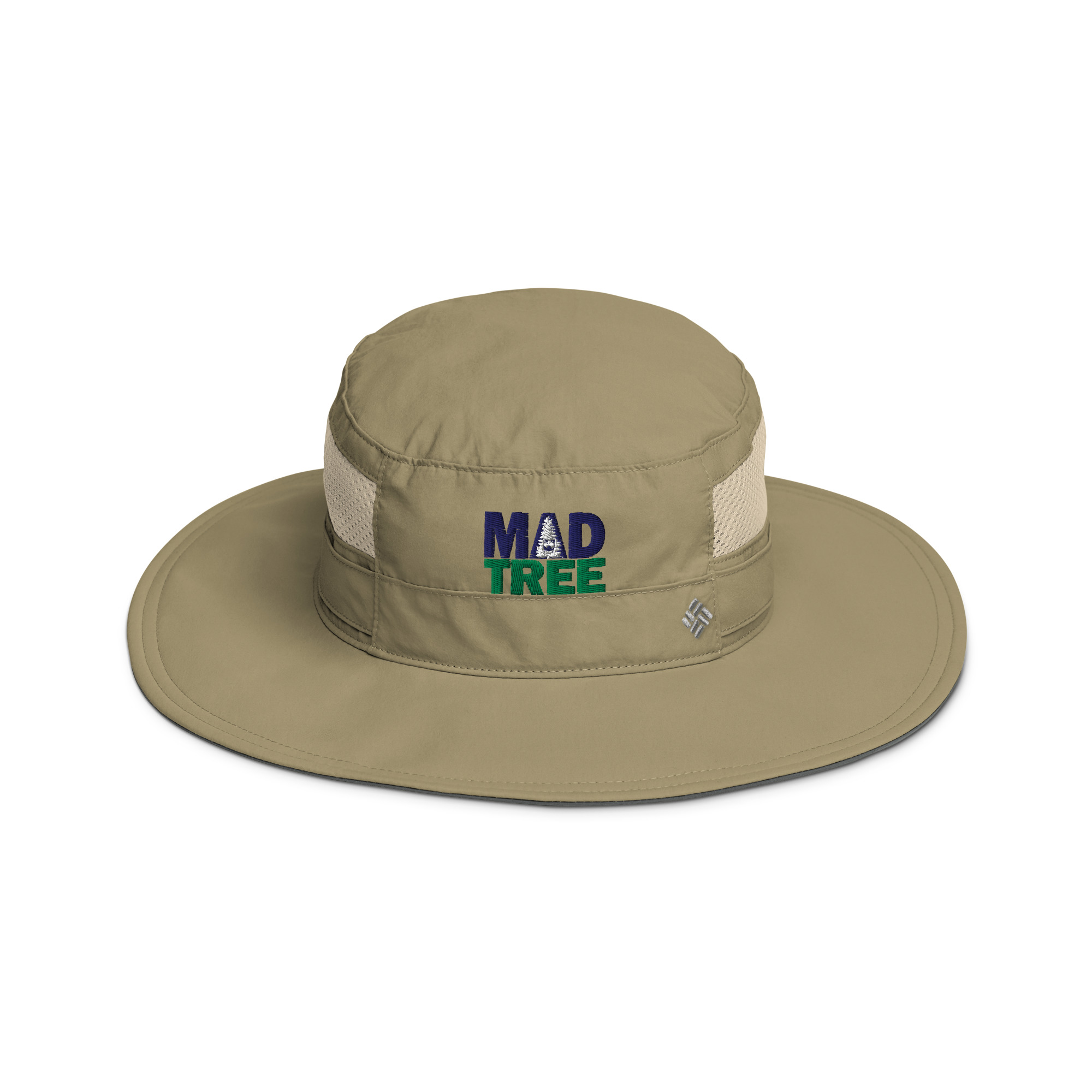 Columbia booney hat - Mad Tree: Khaki wide-brim sun hat with mesh ventilation, MAD TREE embroidered in blue and green on the front, and a small gray logo on the band.