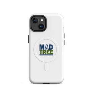 The MagSafe® tough case for iPhone® - Mad Tree is a white case featuring a central circular logo with "MAD TREE FOUNDATION" in blue and green, plus a stylized tree graphic above "TREE.