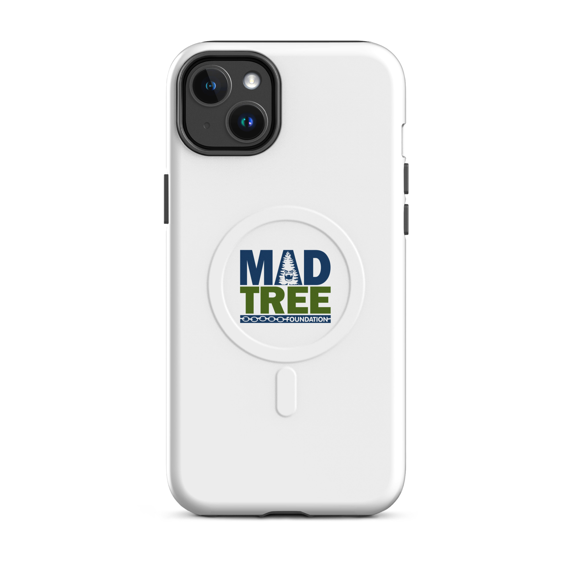 The MagSafe® tough case for iPhone® - Mad Tree is a white smartphone case with a circular grip displaying the MAD TREE FOUNDATION logo in blue and green, featuring a tree graphic inside the letter A.