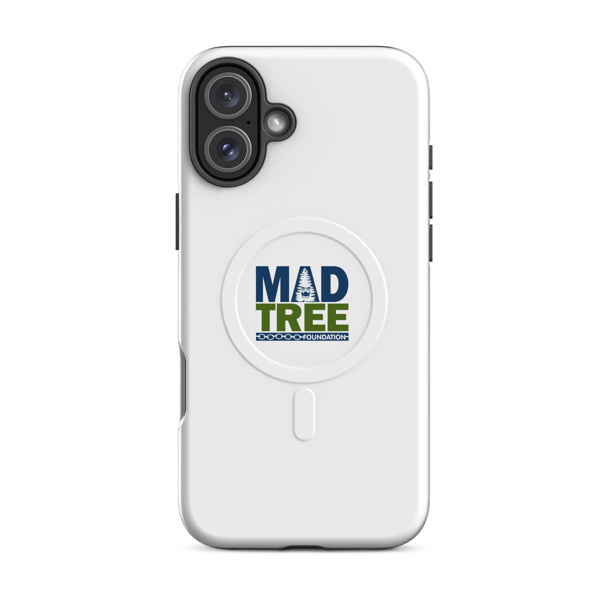 The MagSafe® tough case for iPhone® - Mad Tree features the Mad Tree Foundation logo with a tree graphic in the text, centered on the back of this white smartphone case.