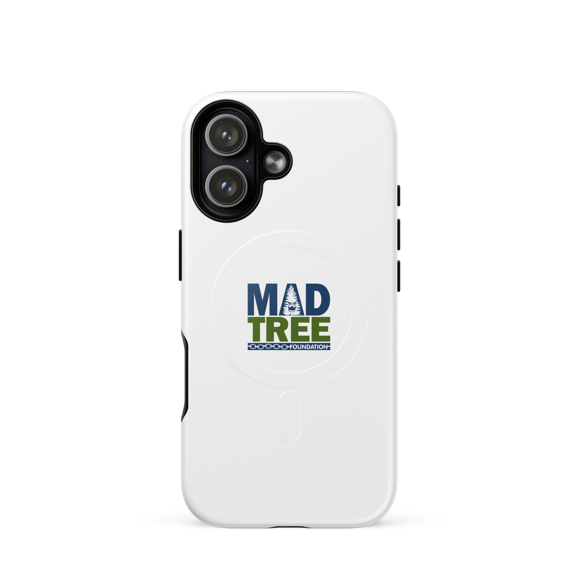The MagSafe® tough case for iPhone® - Mad Tree is a white smartphone case displaying the Mad Tree logo in blue and green, with an integrated tree graphic, shown against a plain background.