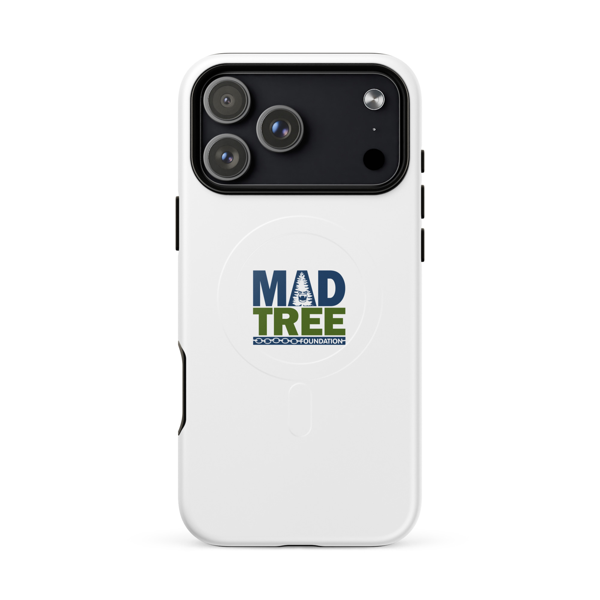 The MagSafe® tough case for iPhone® - Mad Tree is a white case with three camera openings and the MAD TREE FOUNDATION logo in blue and green, featuring a central tree graphic.