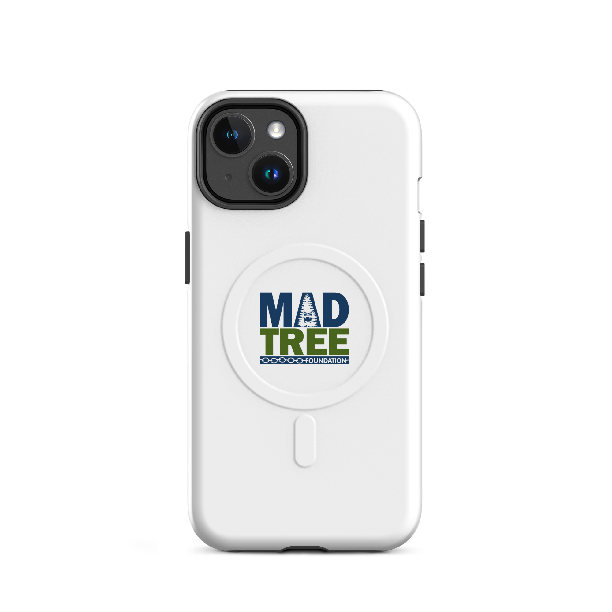 The MagSafe® tough case for iPhone® - Mad Tree is a white case featuring the MadTree Foundation logo, with a stylized tree and blue and green "MAD TREE FOUNDATION" text centered on the back.