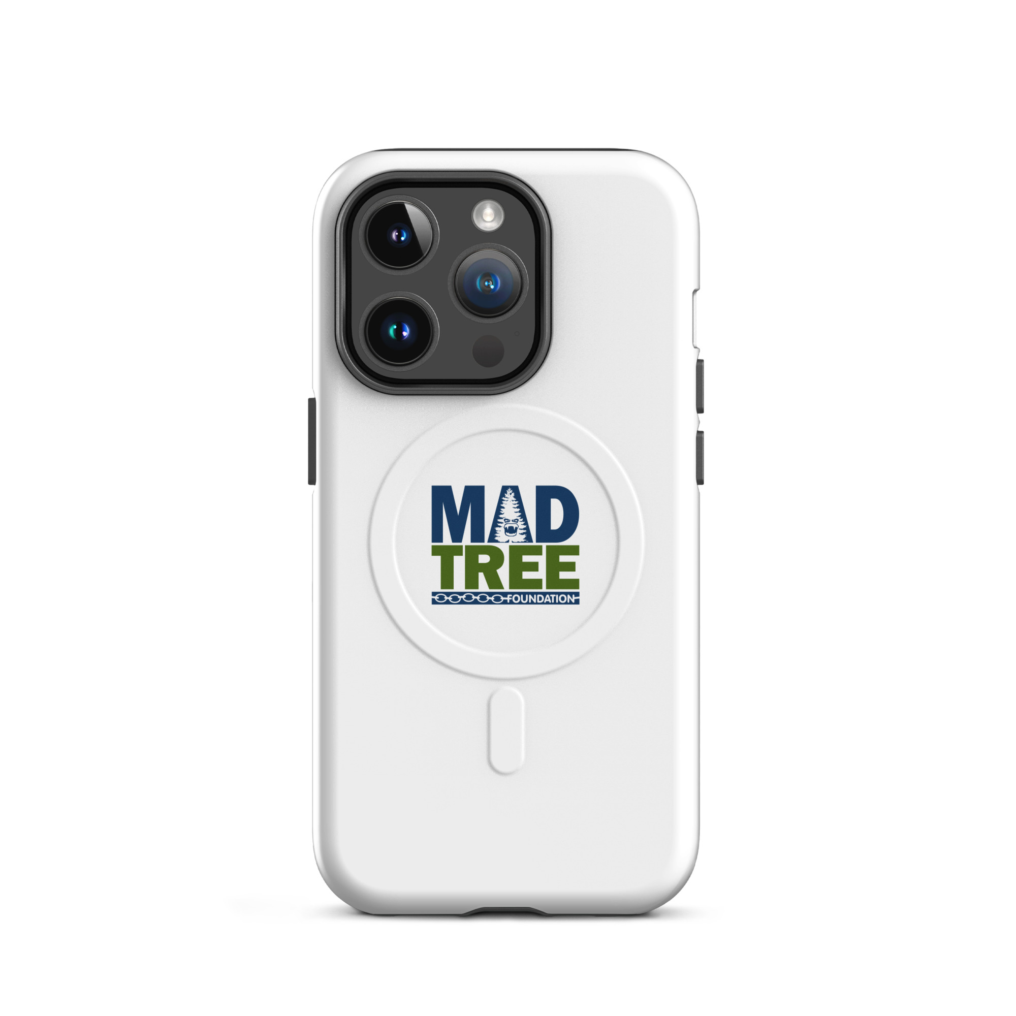 A white iPhone® with a camera bump is shown from the back in a MagSafe® tough case featuring the Mad Tree logo—a tree graphic integrated into the text and centered on the case.