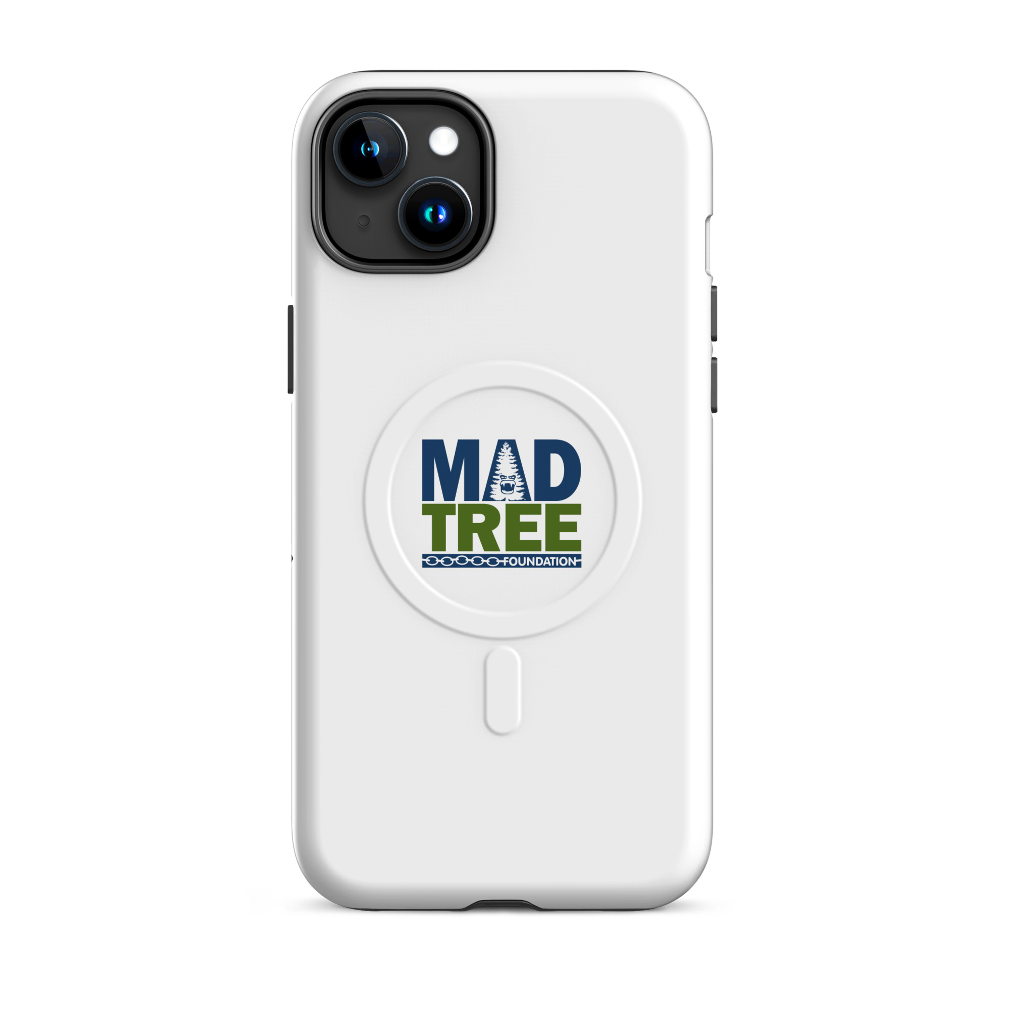 The MagSafe® tough case for iPhone® - Mad Tree is a white case with a central circular pop socket featuring the MADTREE FOUNDATION blue and green logo, with a tree silhouette in the letter A.