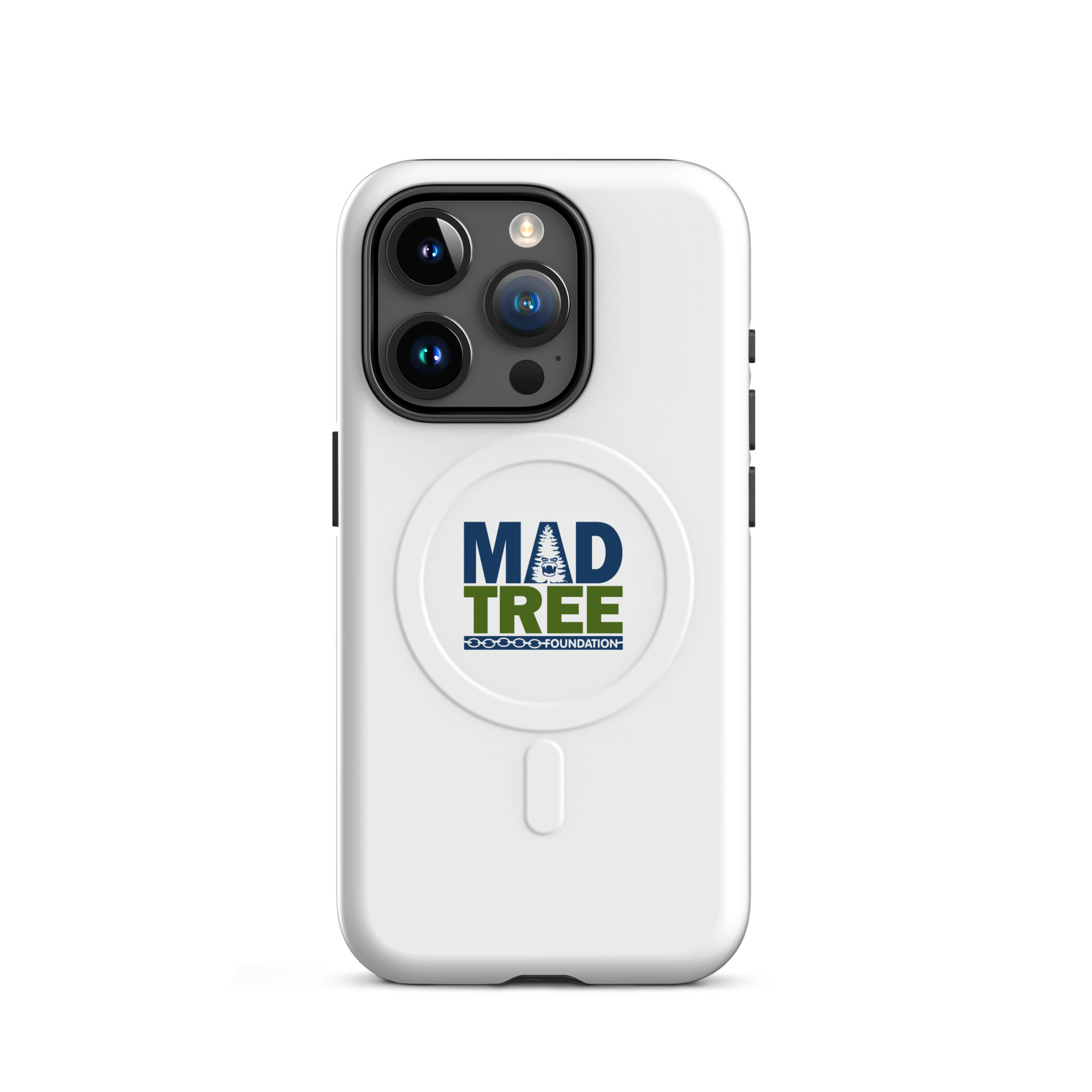 The MagSafe® tough case for iPhone® - Mad Tree is a white phone case featuring the MadTree Foundation logo with blue and green text and a central tree graphic, designed to fit iPhones with three camera lenses.