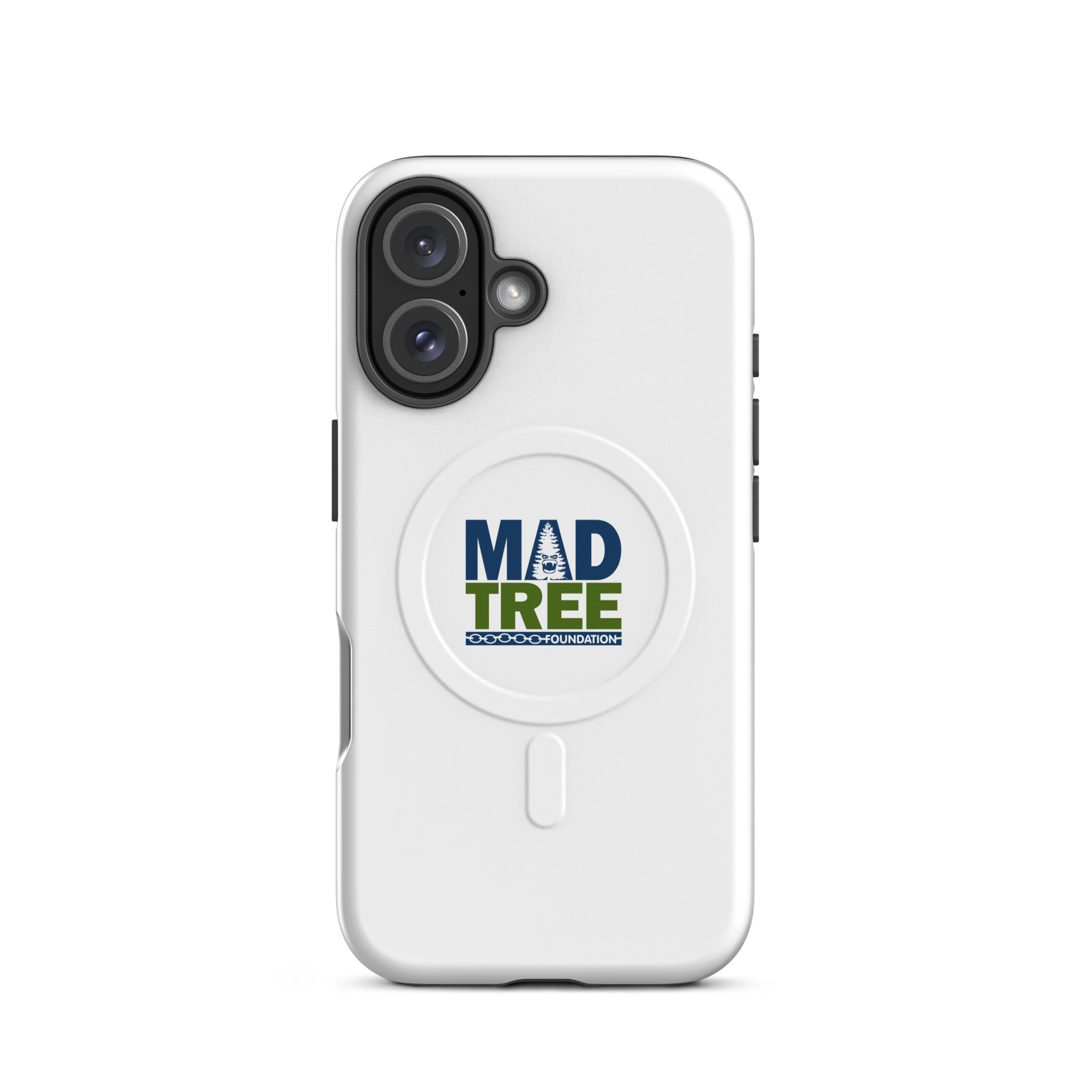 The MagSafe® tough case for iPhone® - Mad Tree features a white background, the MAD TREE Foundation logo with a stylized central tree, dark blue and green text, and a circular design element around the logo.