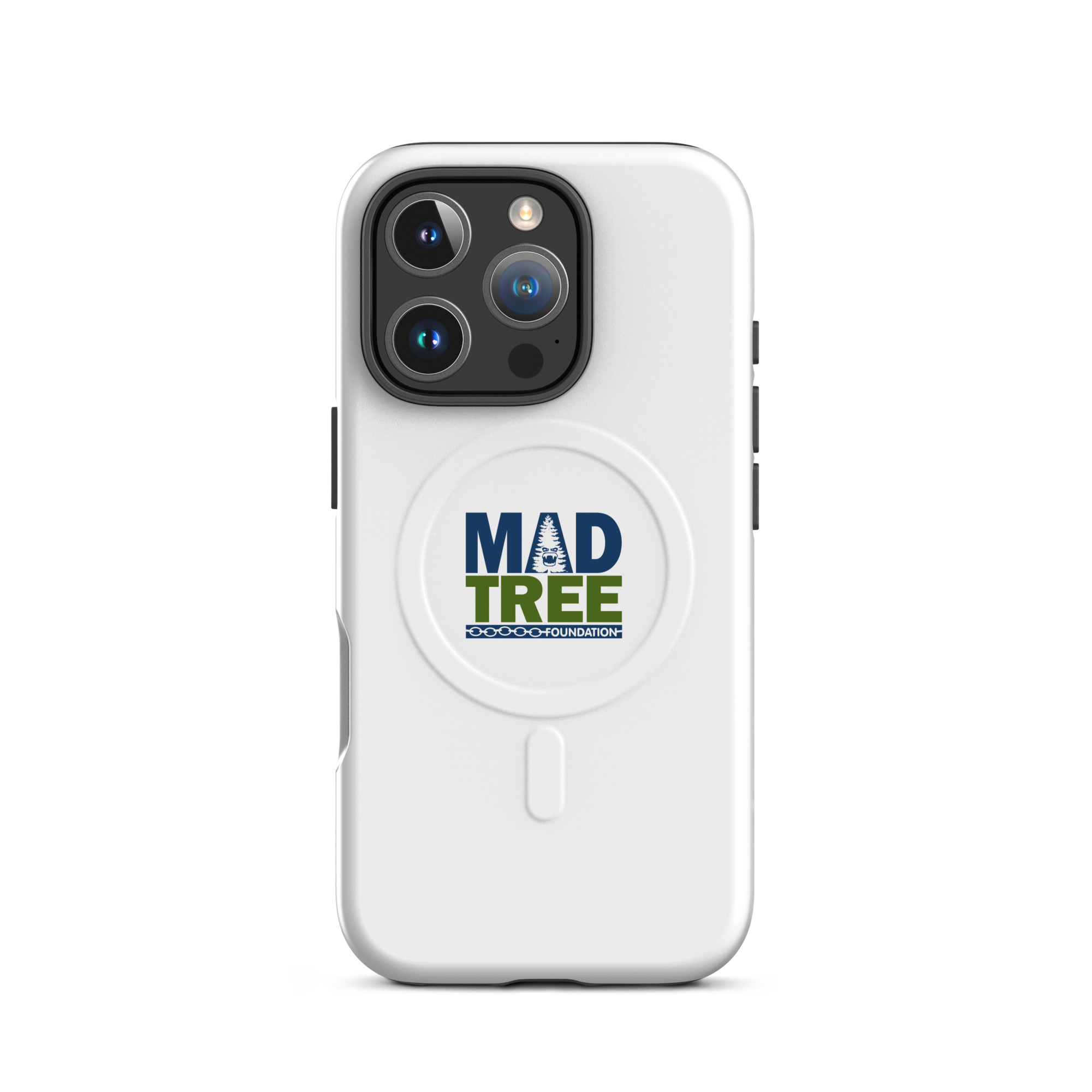 The MagSafe® tough case for iPhone® - Mad Tree is a white case featuring the MAD TREE FOUNDATION logo in blue and green with a stylized tree in the "A" and visible camera lenses at the top left.