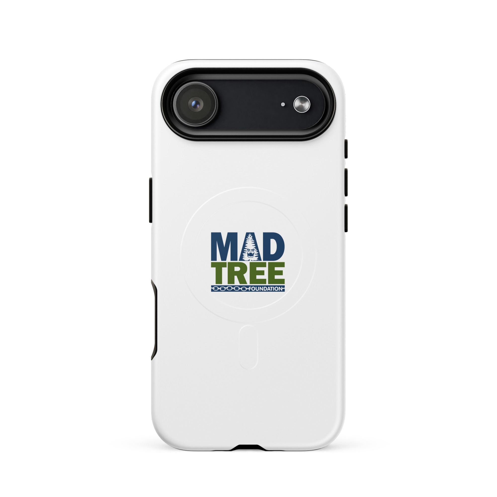 The MagSafe® tough case for iPhone® - Mad Tree is a white case featuring the MAD TREE Foundation logo in blue and green with an integrated tree graphic, designed for iPhones with a single rear camera.