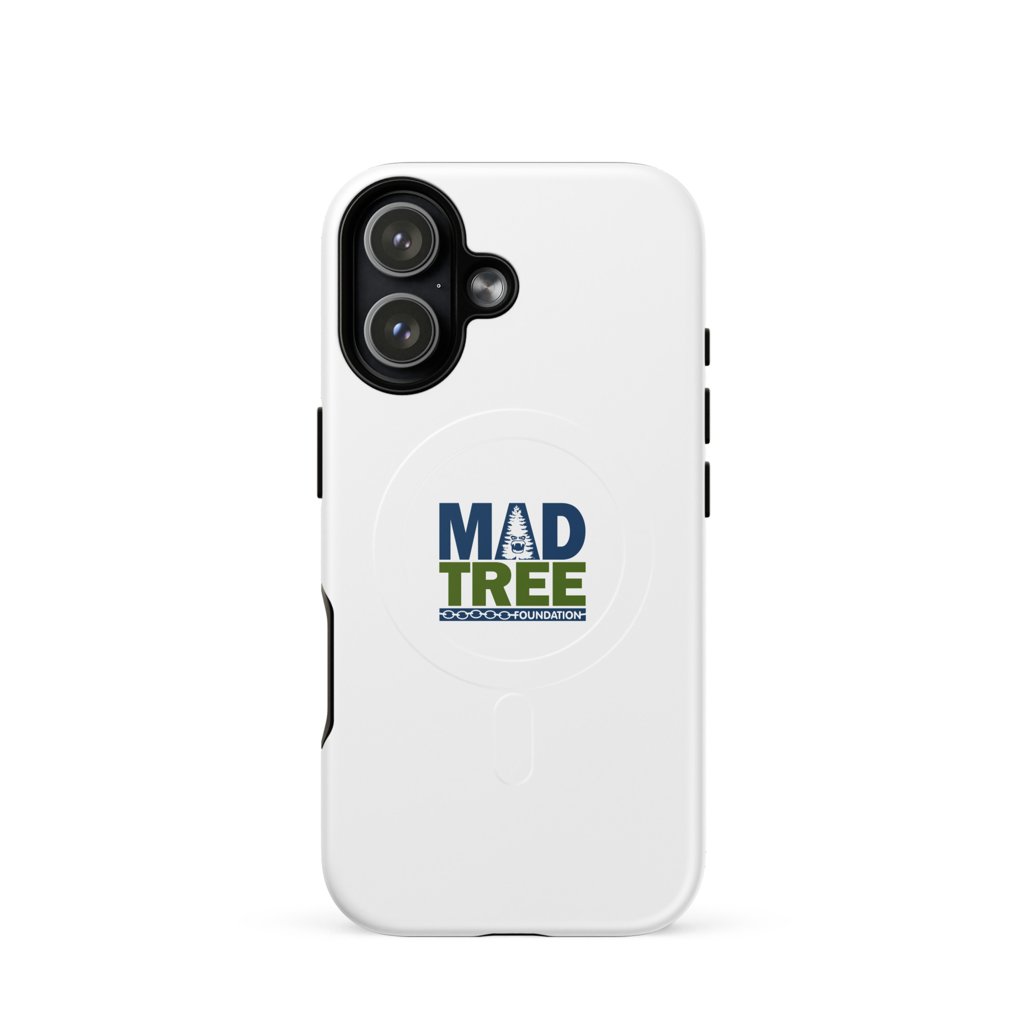 The MagSafe® tough case for iPhone® - Mad Tree is a white case with black accents, showcasing the blue and green MAD TREE logo with an illustrated tree centered on the back.
