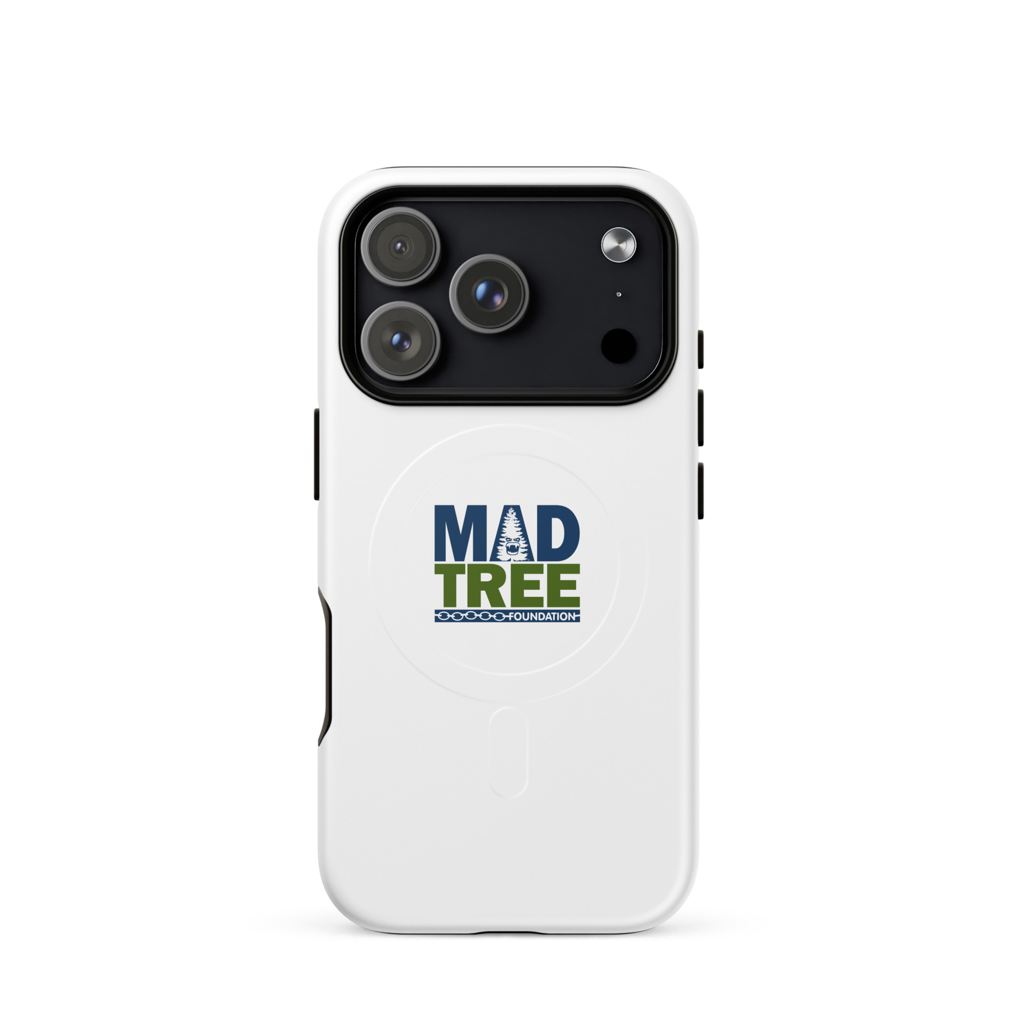 The MagSafe® tough case for iPhone® - Mad Tree is a white case with the MAD TREE logo and central tree design, shown on a phone with three rear cameras and a flash.