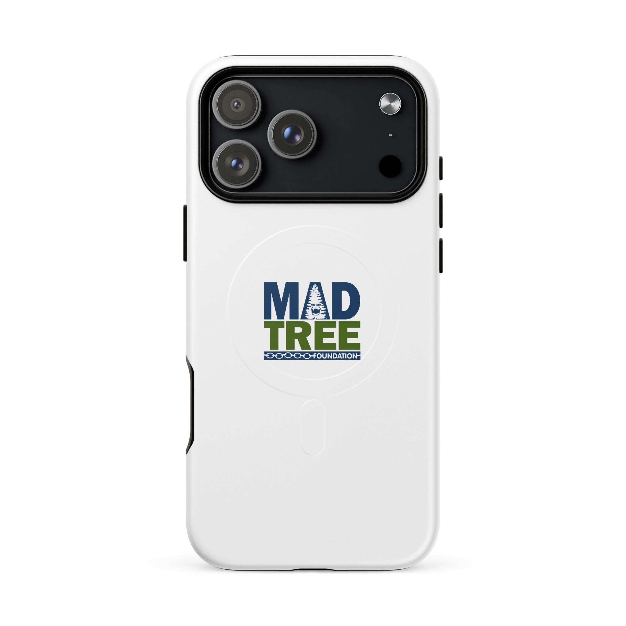 The MagSafe® tough case for iPhone® - Mad Tree is a white case featuring the MAD TREE FOUNDATION logo in blue and green with an integrated tree graphic, designed for dual-camera iPhones.