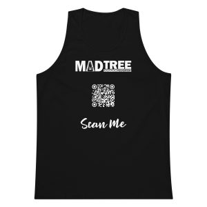 Men’s premium tank top - Scan Me QR: Black tank with "MADTREE" at the top, a white QR code in the center, and "Scan Me" below—all in white text.