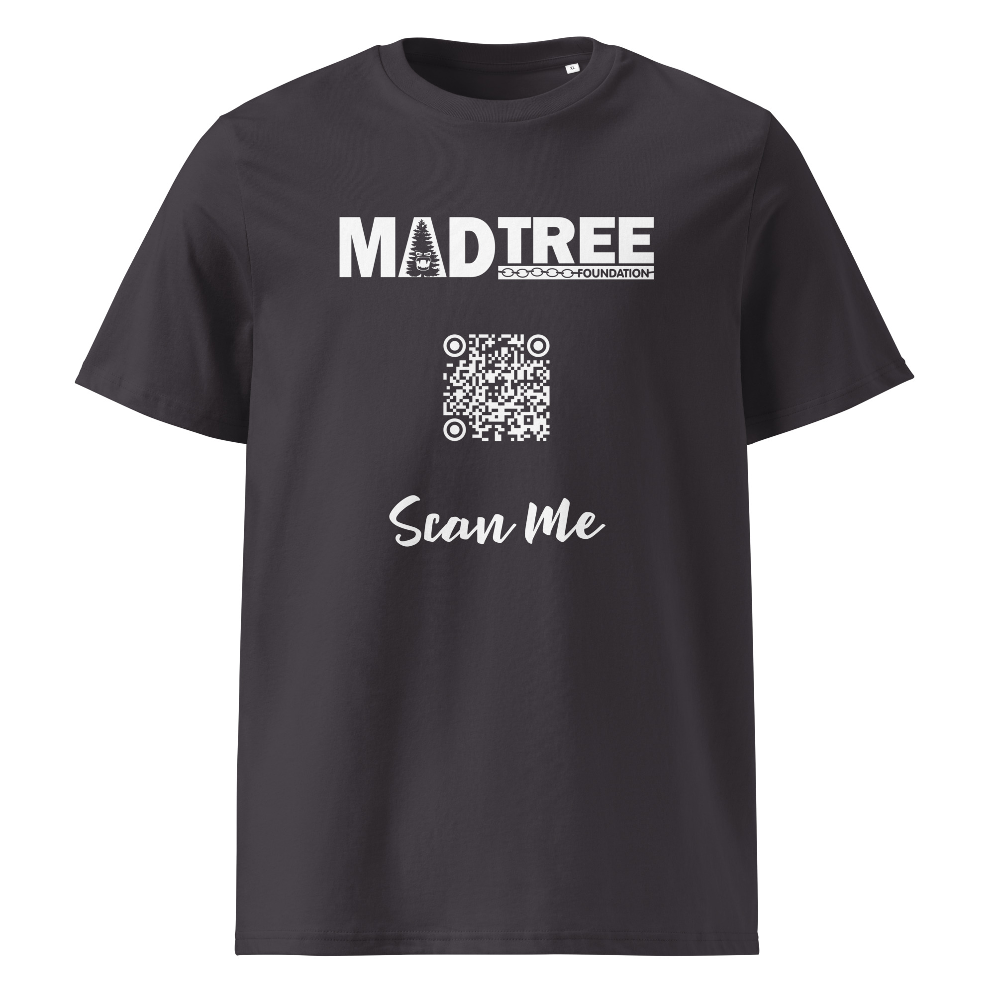 The Unisex organic cotton t-shirt - Scan Me QR is a black shirt with MADTREE FOUNDATION at the top, a central QR code, and "Scan Me" in white below the code.
