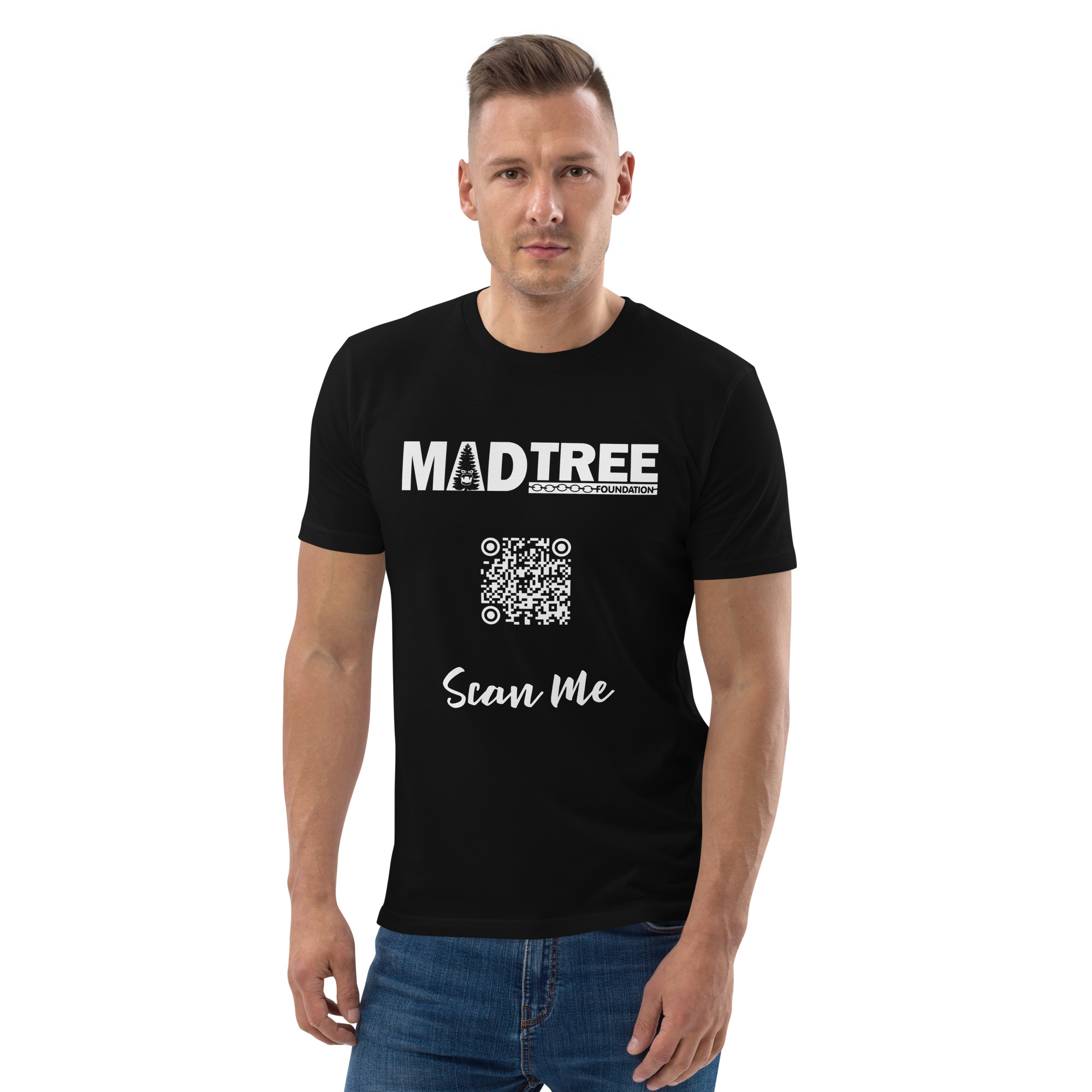 A man faces forward, wearing blue jeans and a black "Unisex organic cotton t-shirt - Scan Me QR" featuring "Madtree," "Scan Me," and a central QR code. He has a neutral expression.