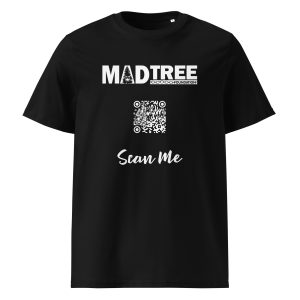The Unisex organic cotton t-shirt - Scan Me QR features a black design with the MADTREE FOUNDATION logo on top, a centered QR code, and "Scan Me" in cursive below.