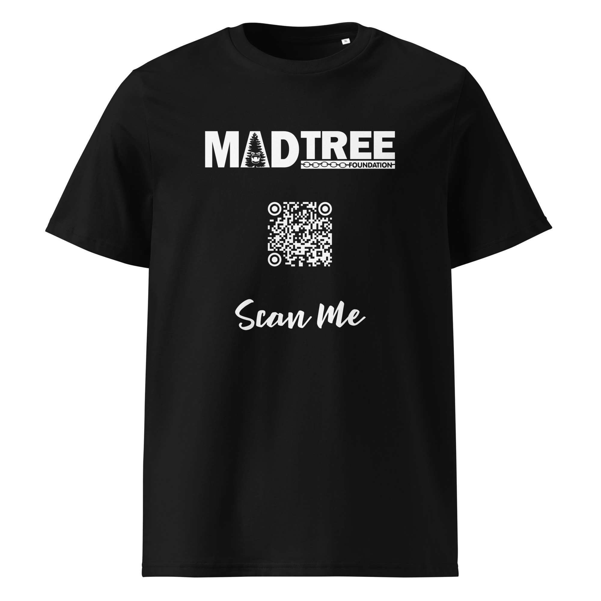 The Unisex organic cotton t-shirt - Scan Me QR features a black design with the MADTREE FOUNDATION logo on top, a centered QR code, and "Scan Me" in cursive below.