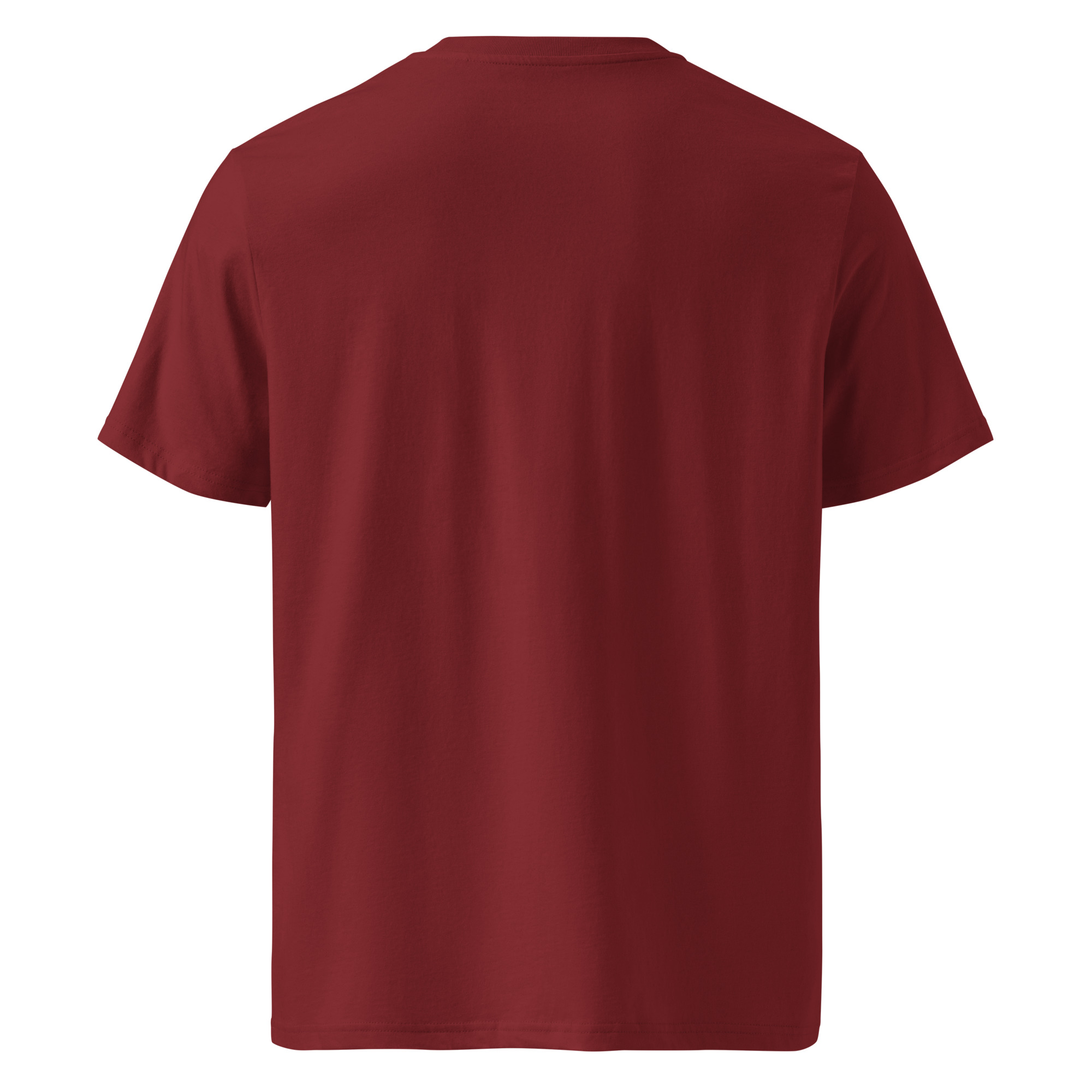 The Unisex organic cotton t-shirt - Scan Me QR is shown from the back, laid flat on a white background. It features plain maroon short sleeves.