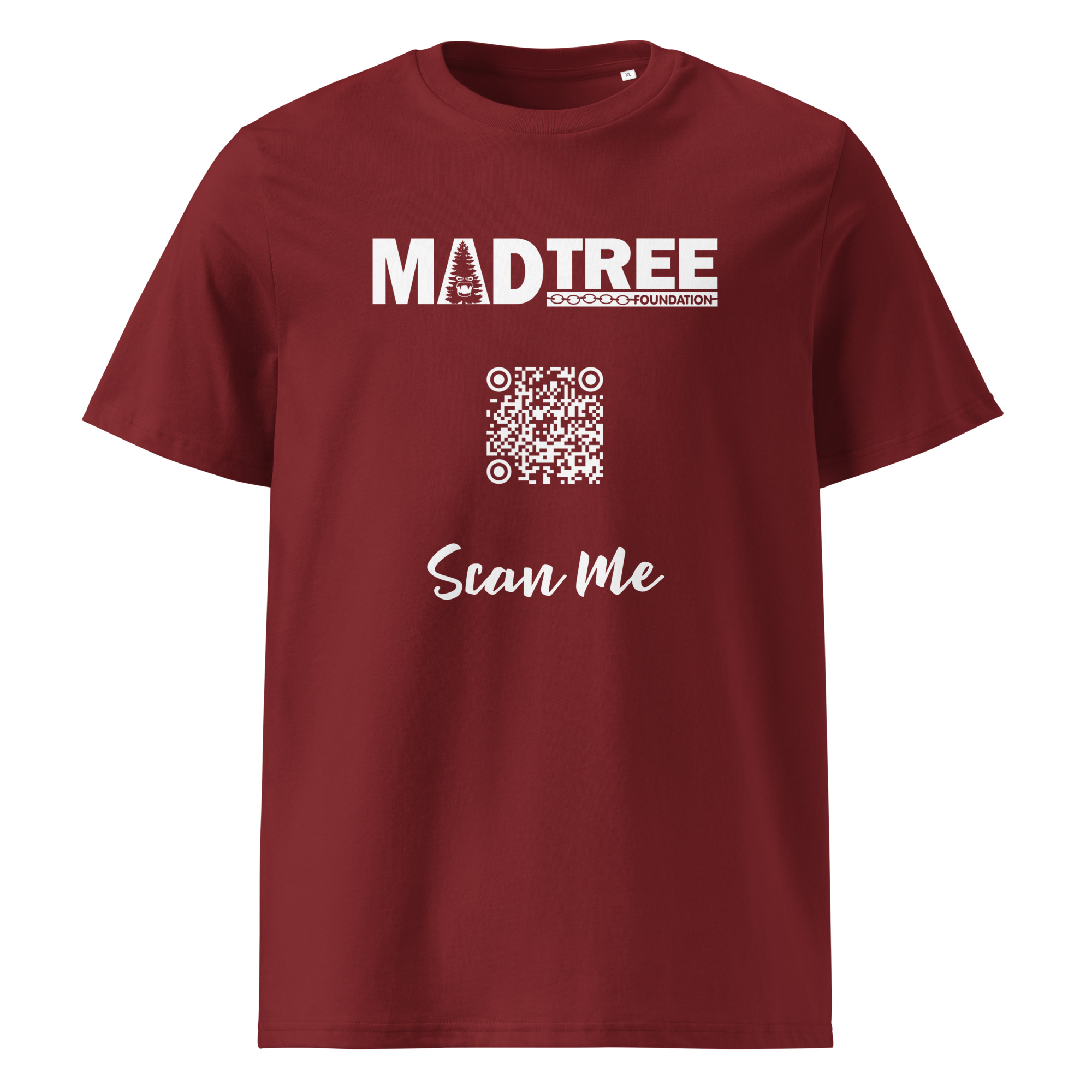 The Unisex organic cotton t-shirt - Scan Me QR is maroon with white "MADTREE FOUNDATION" text at the top, a central QR code, and "Scan Me" printed below the code.