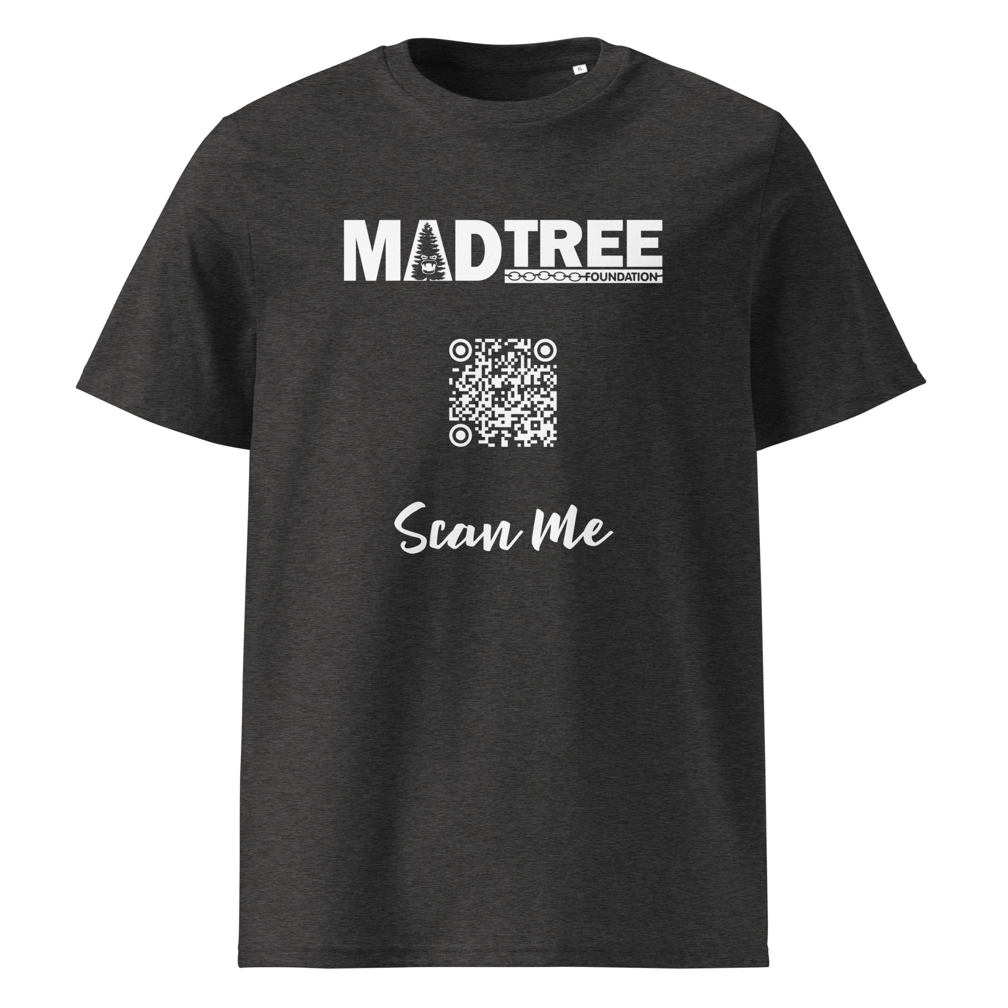 The Unisex organic cotton t-shirt - Scan Me QR features a dark gray color, MADTREE FOUNDATION at the top, a center QR code, and “Scan Me” in white below the code.