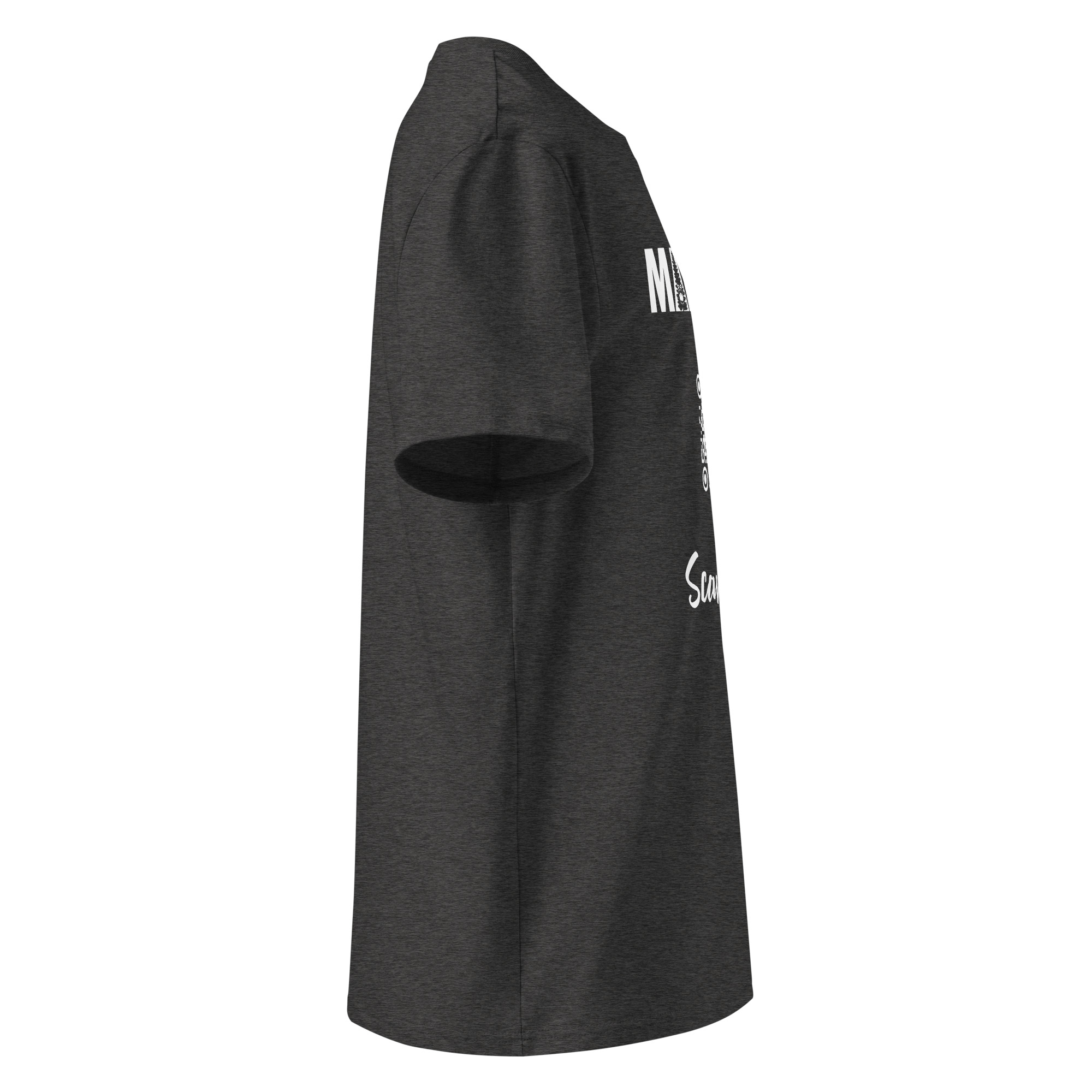 Side view of the Unisex organic cotton t-shirt - Scan Me QR in dark gray, featuring white front text. Shown against a plain white background, most design details are not visible from this angle.