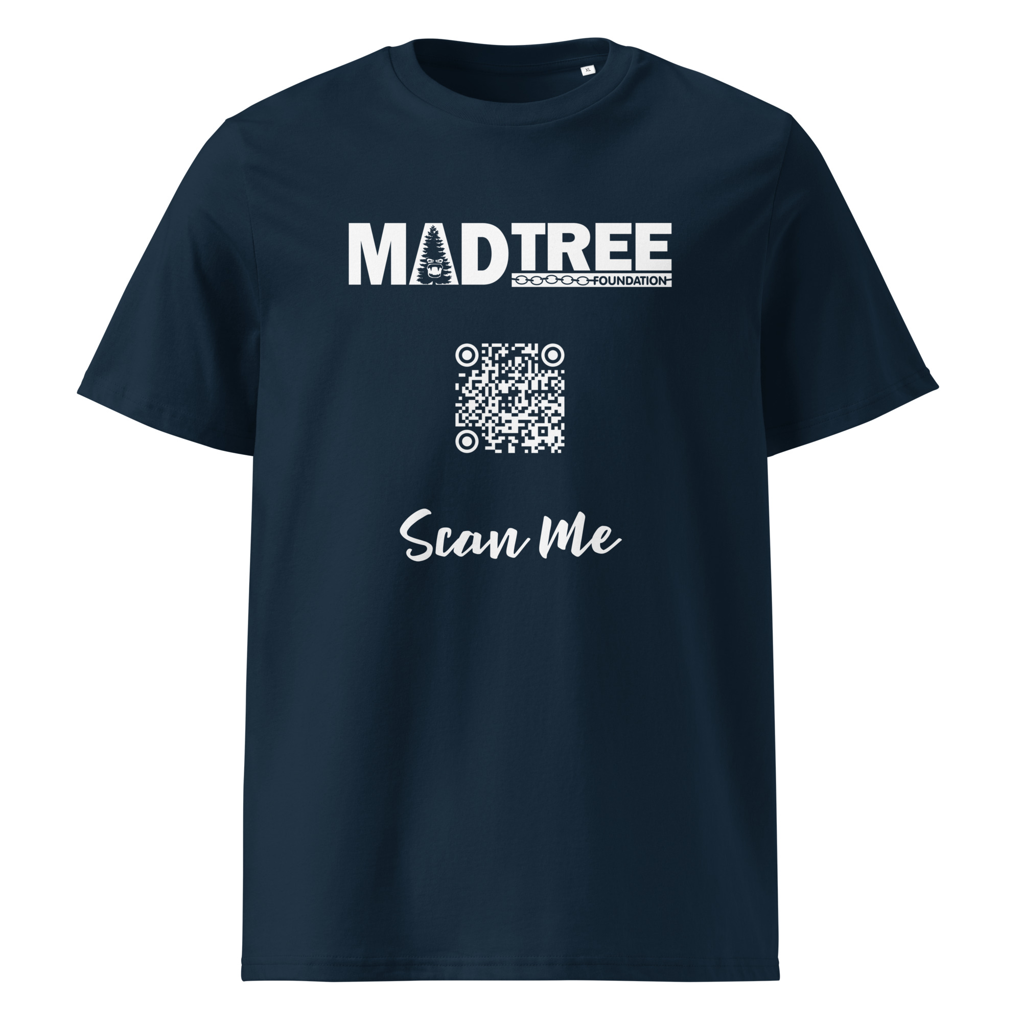 Unisex organic cotton t-shirt - Scan Me QR: Navy blue tee featuring MADTREE FOUNDATION text, tree graphic, central QR code, and "Scan Me" in white below the code.