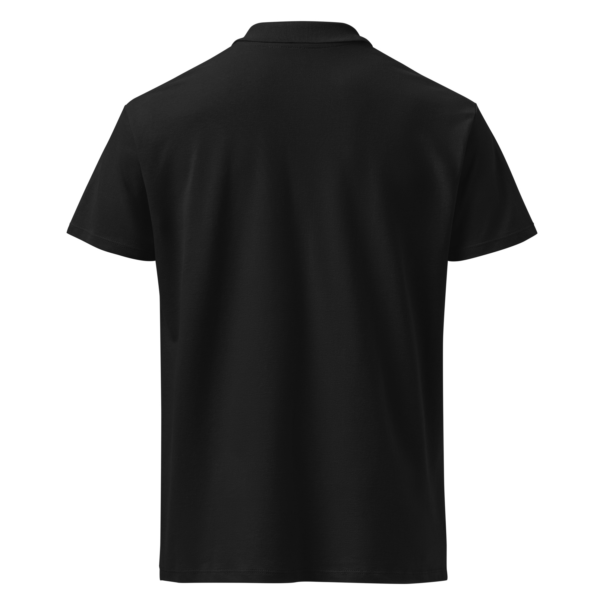 The Premium pique polo shirt - Mad tree is a plain black short-sleeve polo shown from the back, featuring a simple collar with no visible logos, patterns, or designs.