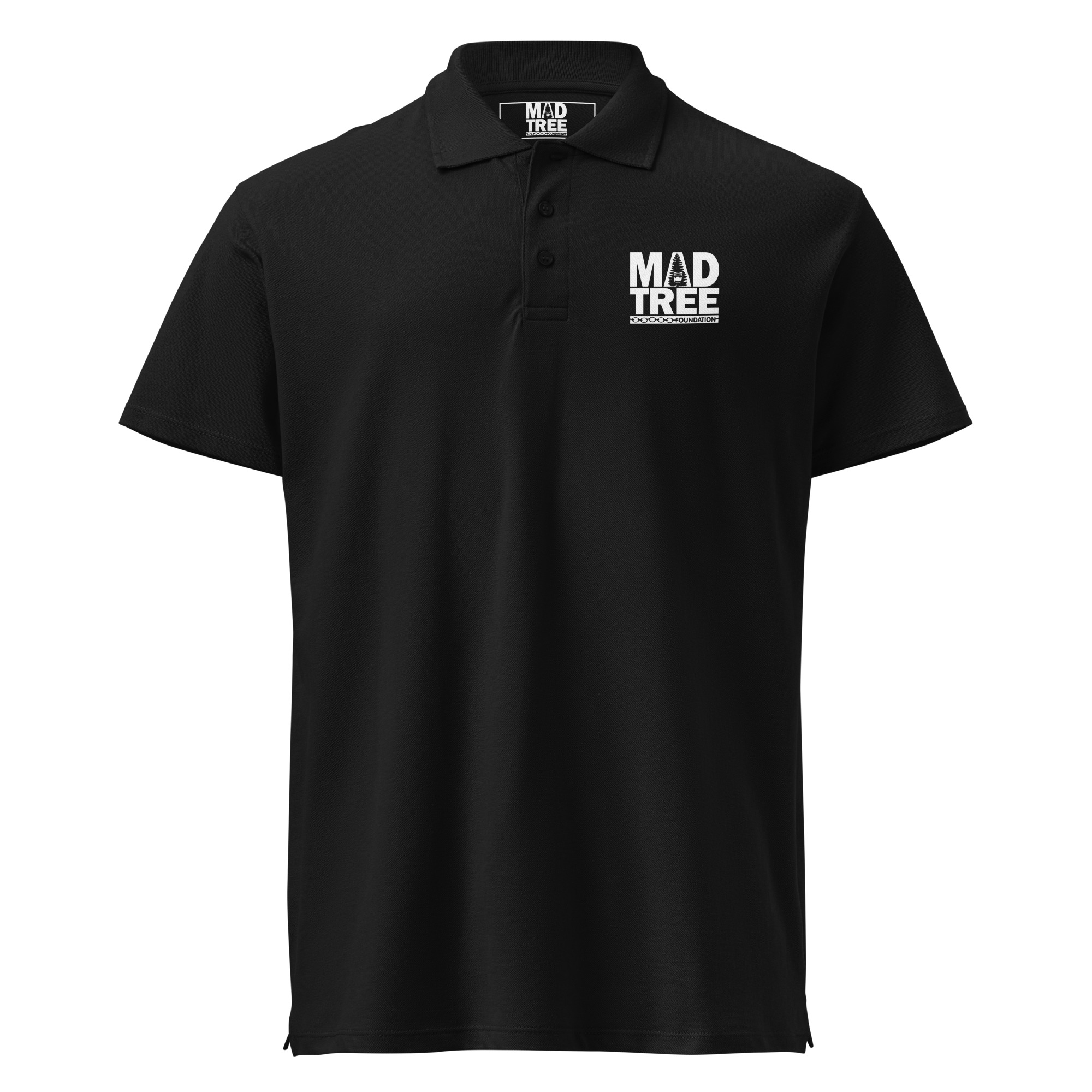 The Premium pique polo shirt - Mad tree is a black short-sleeve polo featuring three buttons and a white MAD TREE logo on the left chest and inside the collar.