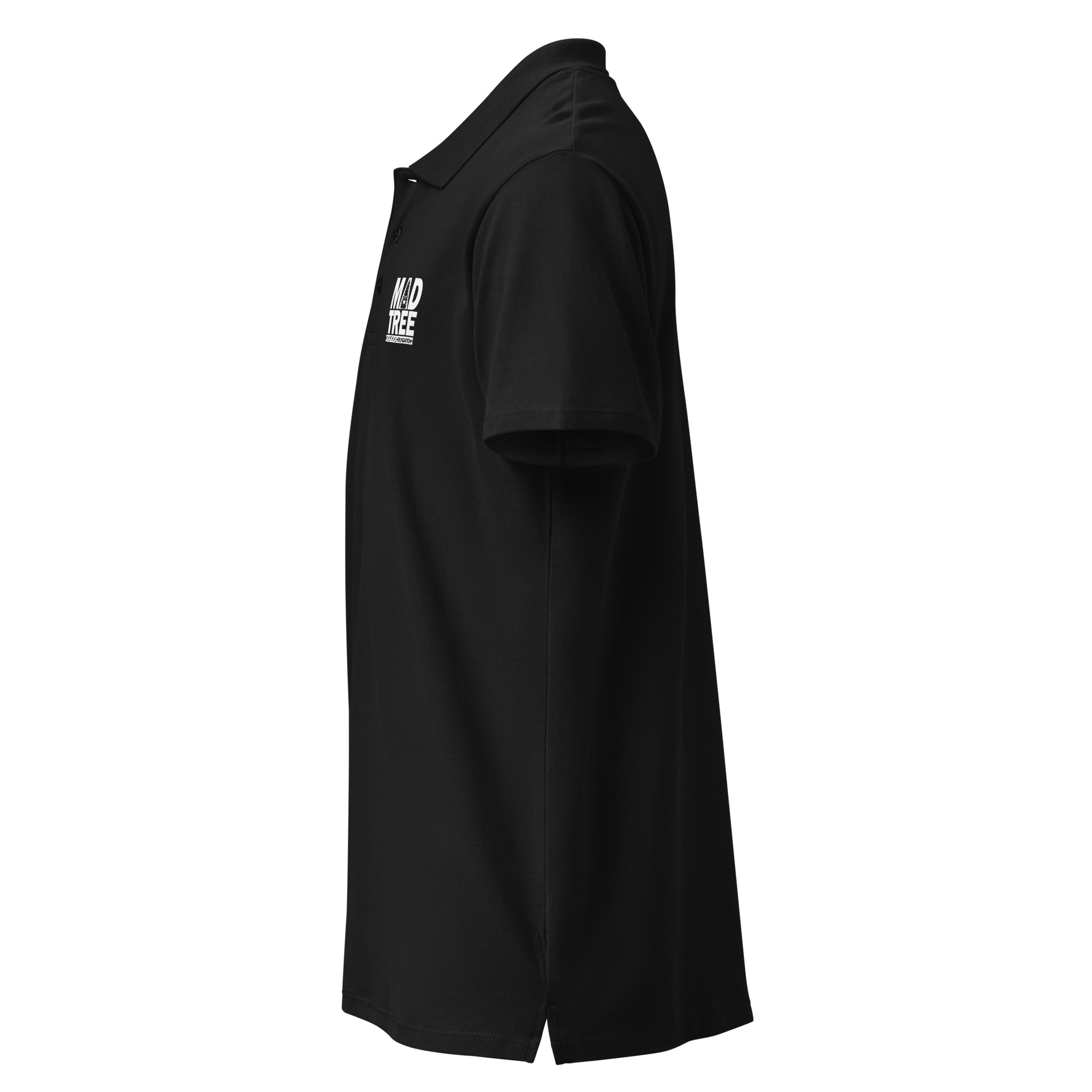 The Premium pique polo shirt - Mad tree is a black short-sleeve polo with a collar, buttons, and a small white logo on the left chest. It's shown from the side against a plain white background.