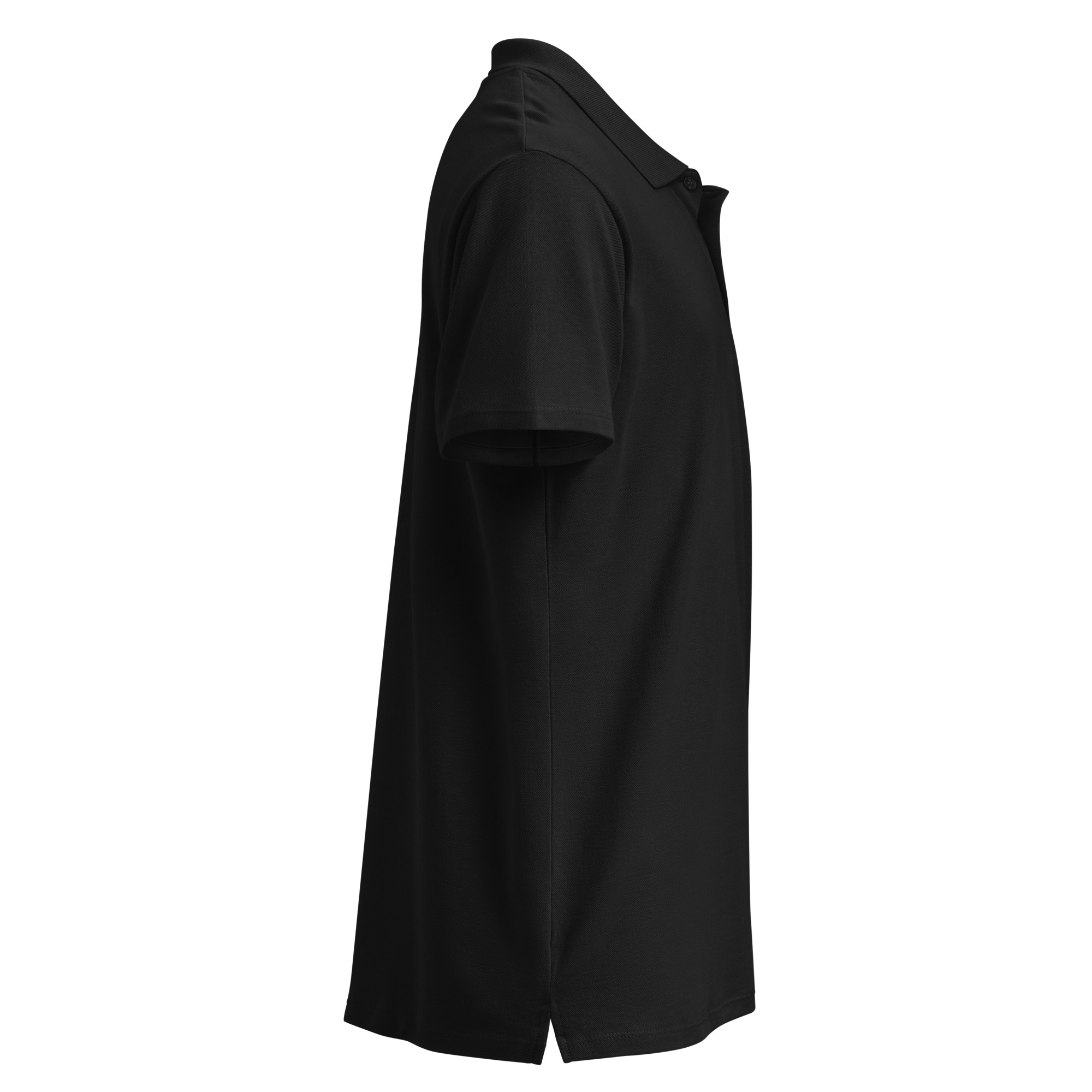 A Premium pique polo shirt - Mad tree, in plain black with short sleeves, a collar, and a straight hem, shown from the side against a white background.