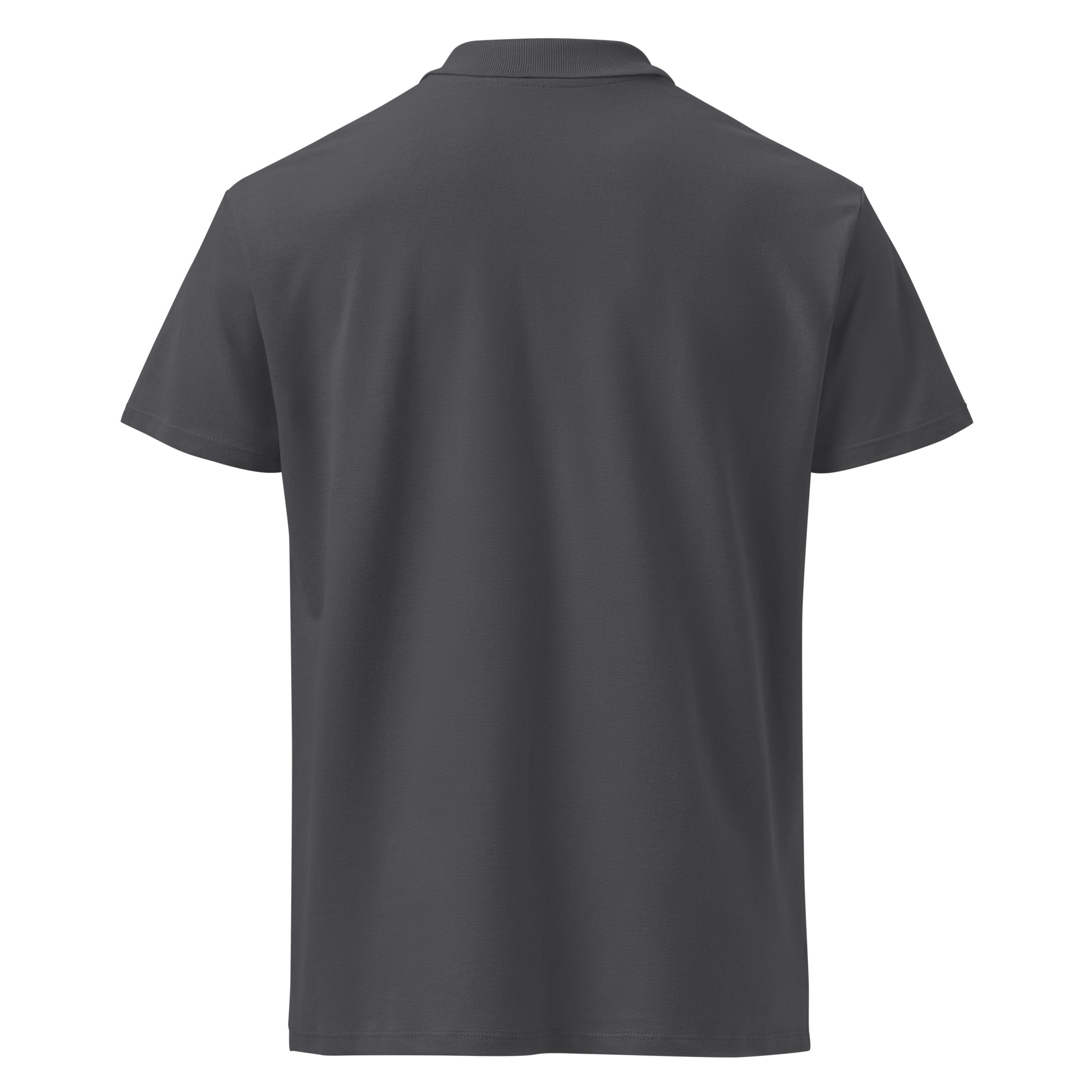 The Premium pique polo shirt - Mad tree is a plain, short-sleeve, dark gray polo with a simple collar, shown from the back and featuring no visible logos or designs.