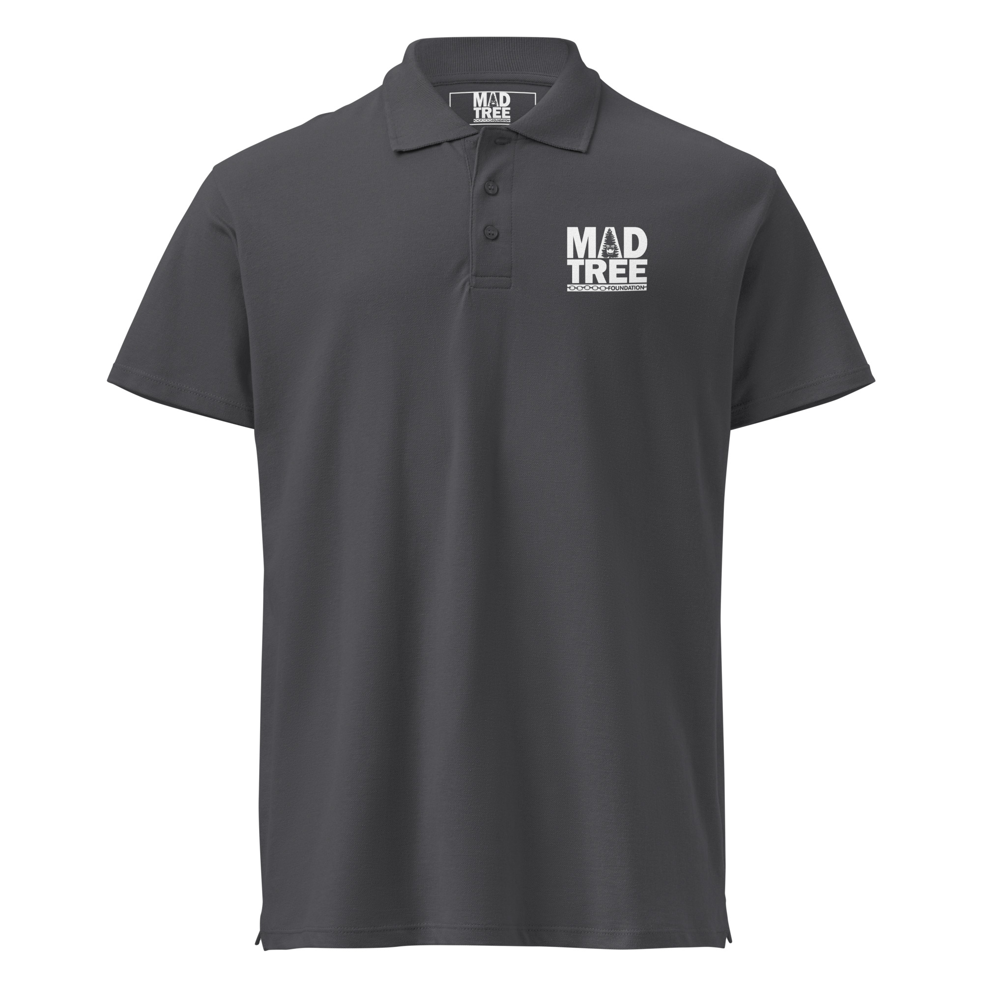The Premium Pique Polo Shirt – Mad Tree is a charcoal gray polo with a collar, three buttons, and a white MAD TREE logo with "BREWING CO." on the left chest plus a matching logo inside the collar.