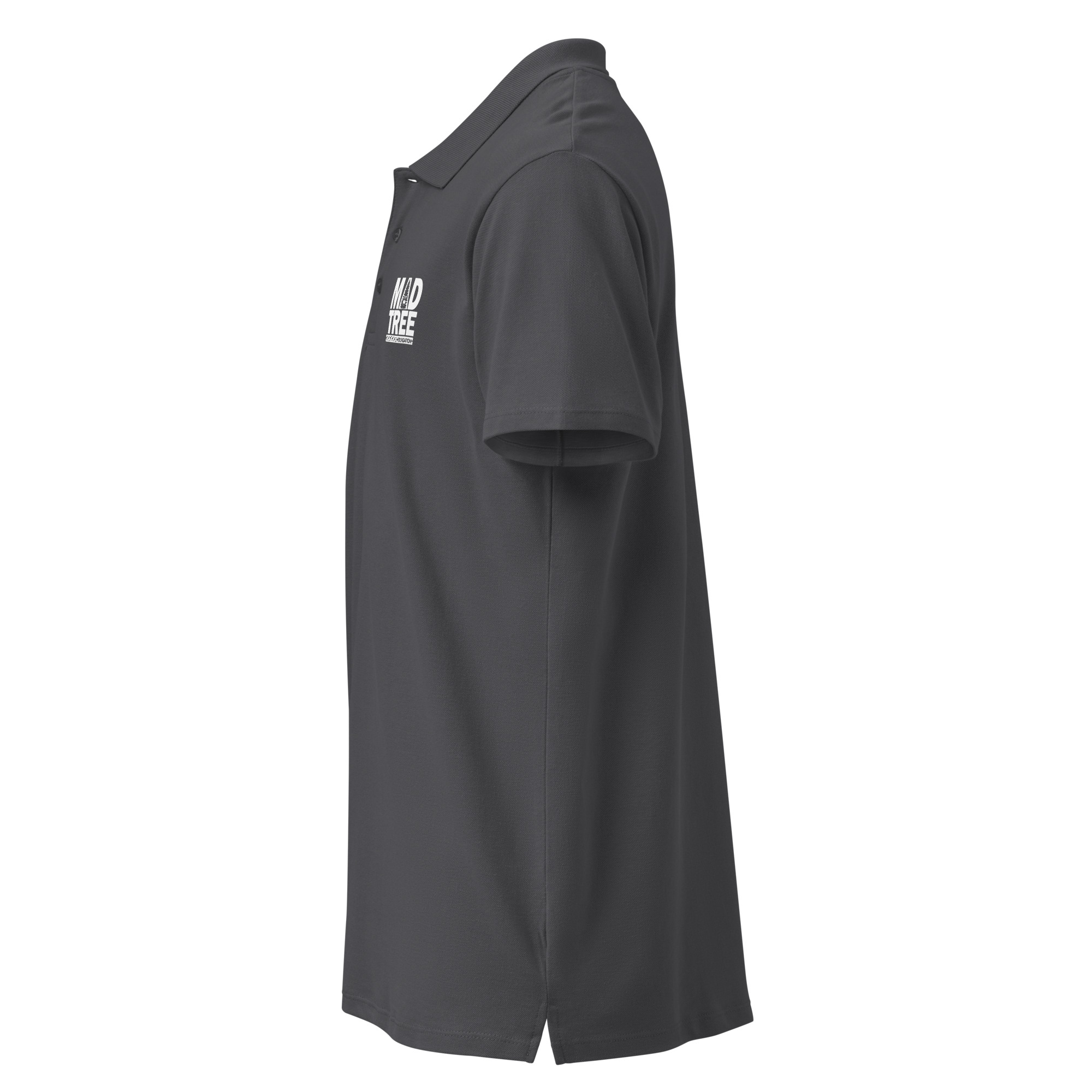 The Premium pique polo shirt - Mad tree is a dark gray short-sleeve polo with a collar, two buttons, and a small white embroidered chest logo, shown from the side.