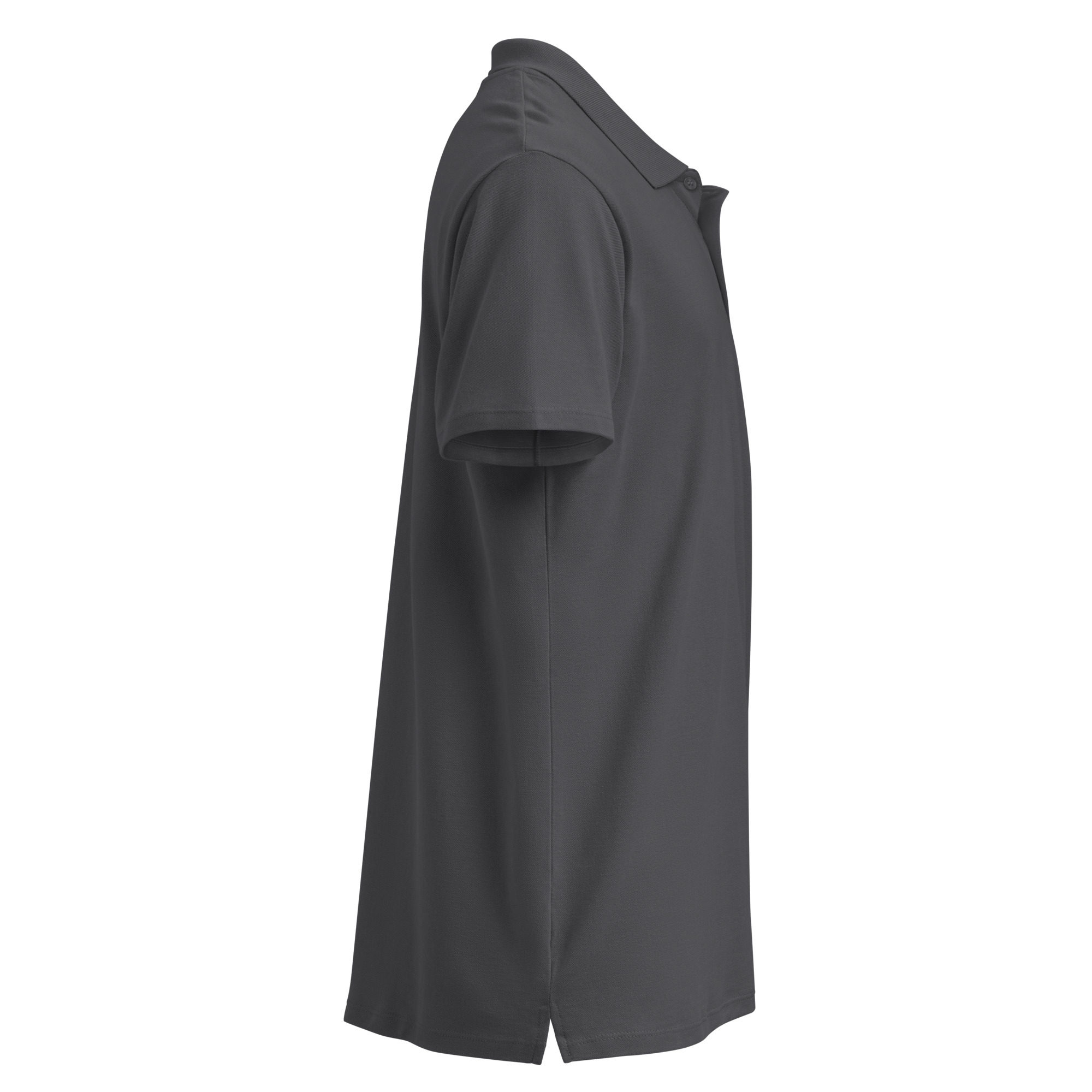 The Premium pique polo shirt - Mad tree is shown in dark gray, side view, on a white background. Features include a collar, button placket, short sleeves, and side hem slits at the bottom.