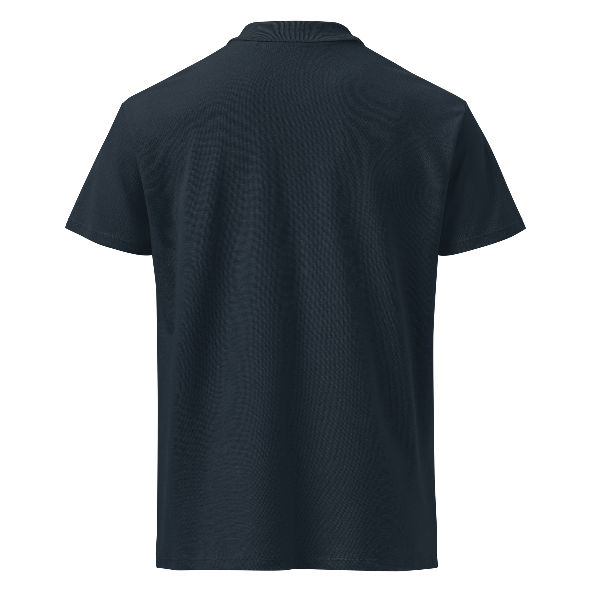 The Premium pique polo shirt - Mad tree is a plain, short-sleeved, dark navy blue polo shown from the back on a white background.