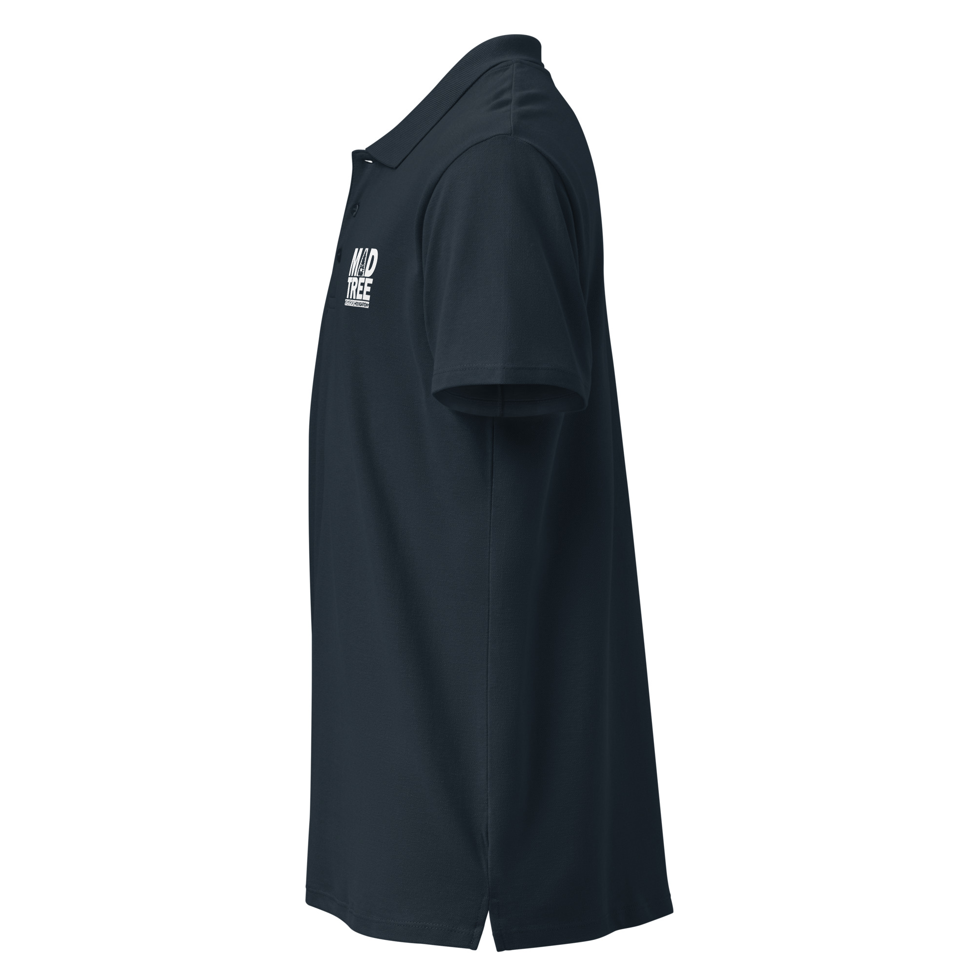 A side view of the Premium pique polo shirt - Mad tree in dark navy, featuring short sleeves, a collar, and a small white chest logo. Shown on a white background.