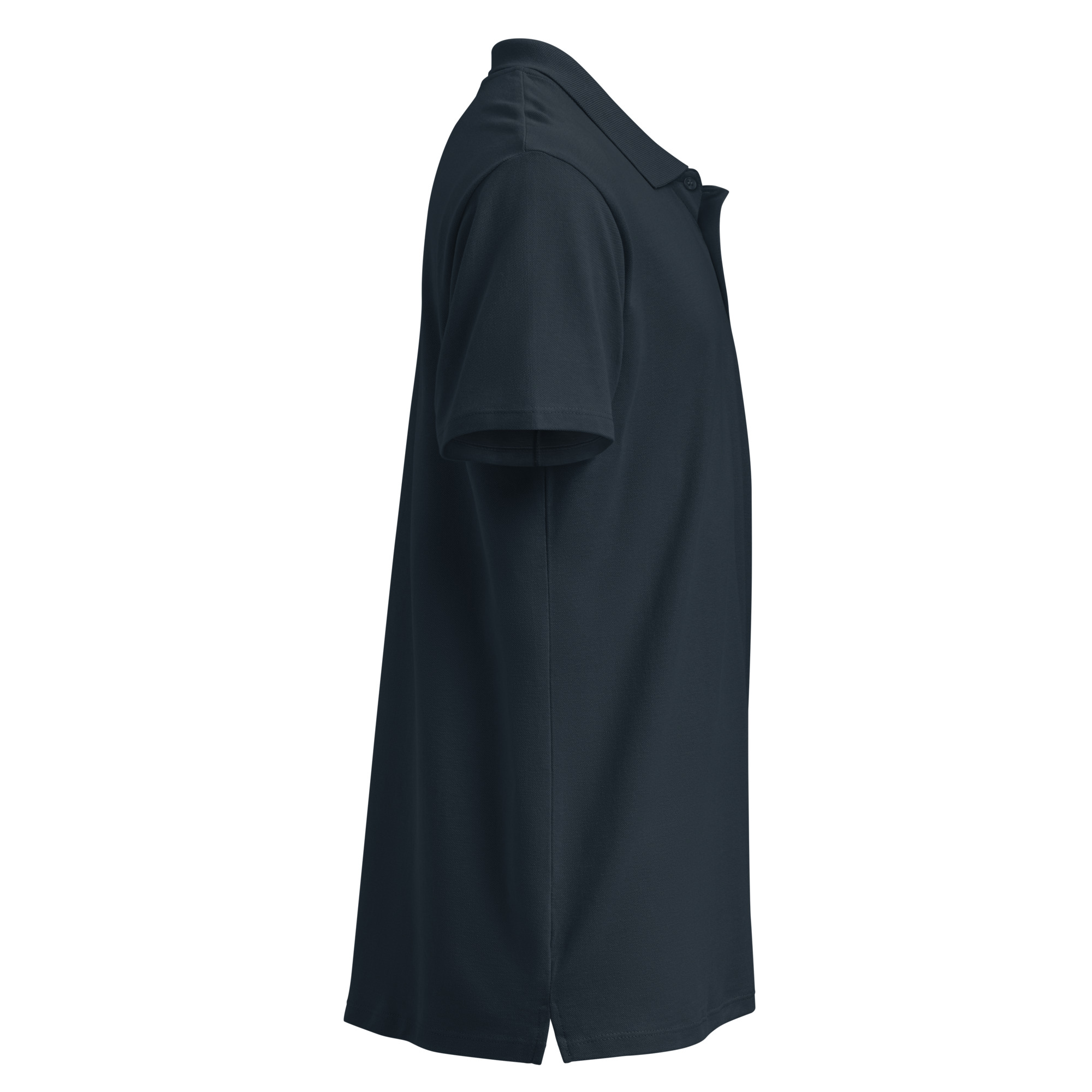 The Premium pique polo shirt - Mad tree is a dark navy short-sleeve polo viewed from the side on a white background, featuring a classic collar and straight hem with a small side slit.